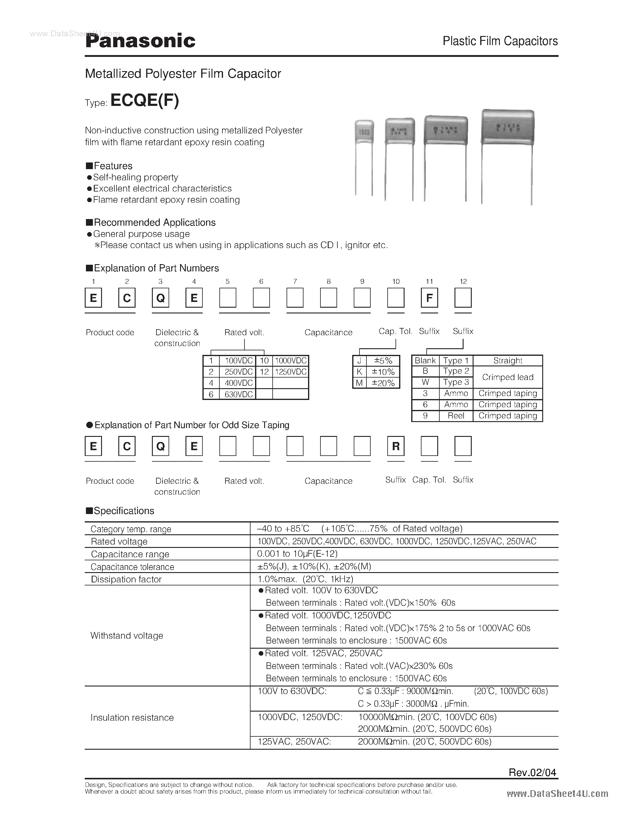 Datasheet ECQE4124 - Metallized Polyester Film Capacitor page 1
