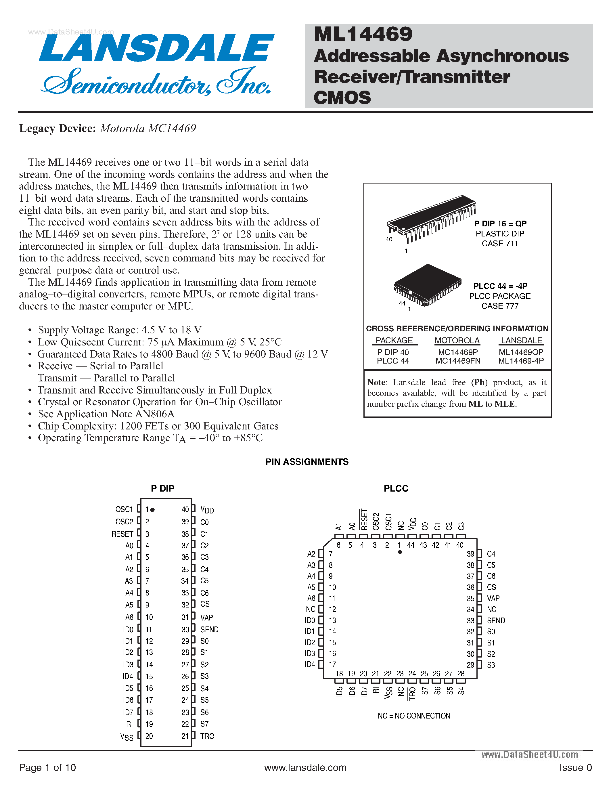 Даташит на микросхему ML14469 страница 1 Даташит ML14469 - Addressable Asynchronous Receiver/Transmitter страница 1