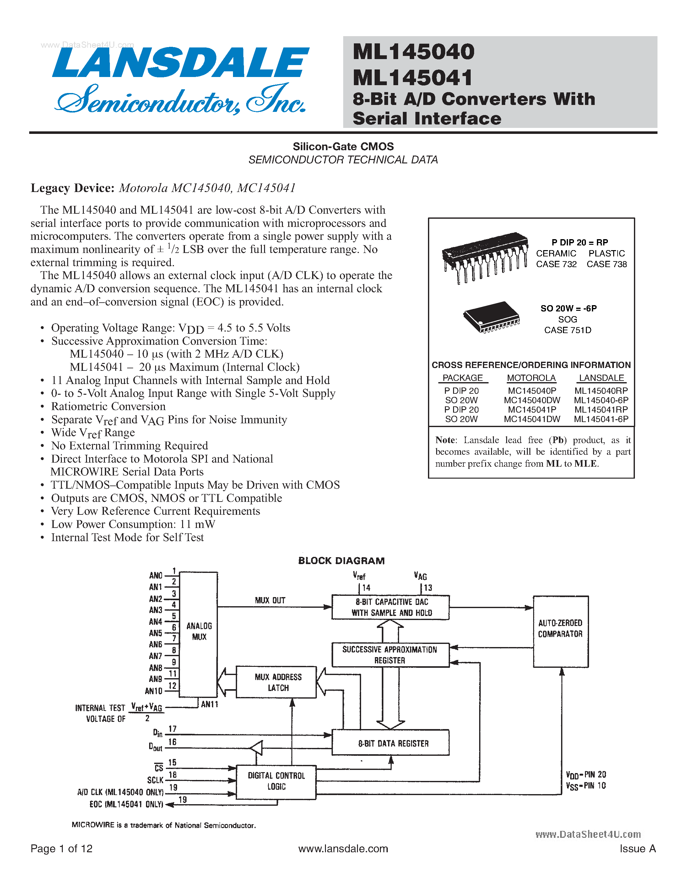 Datasheet ML145040 page 1 Datasheet ML145040 - (ML145040 / ML145041) 8-Bit A/D Converters page 1
