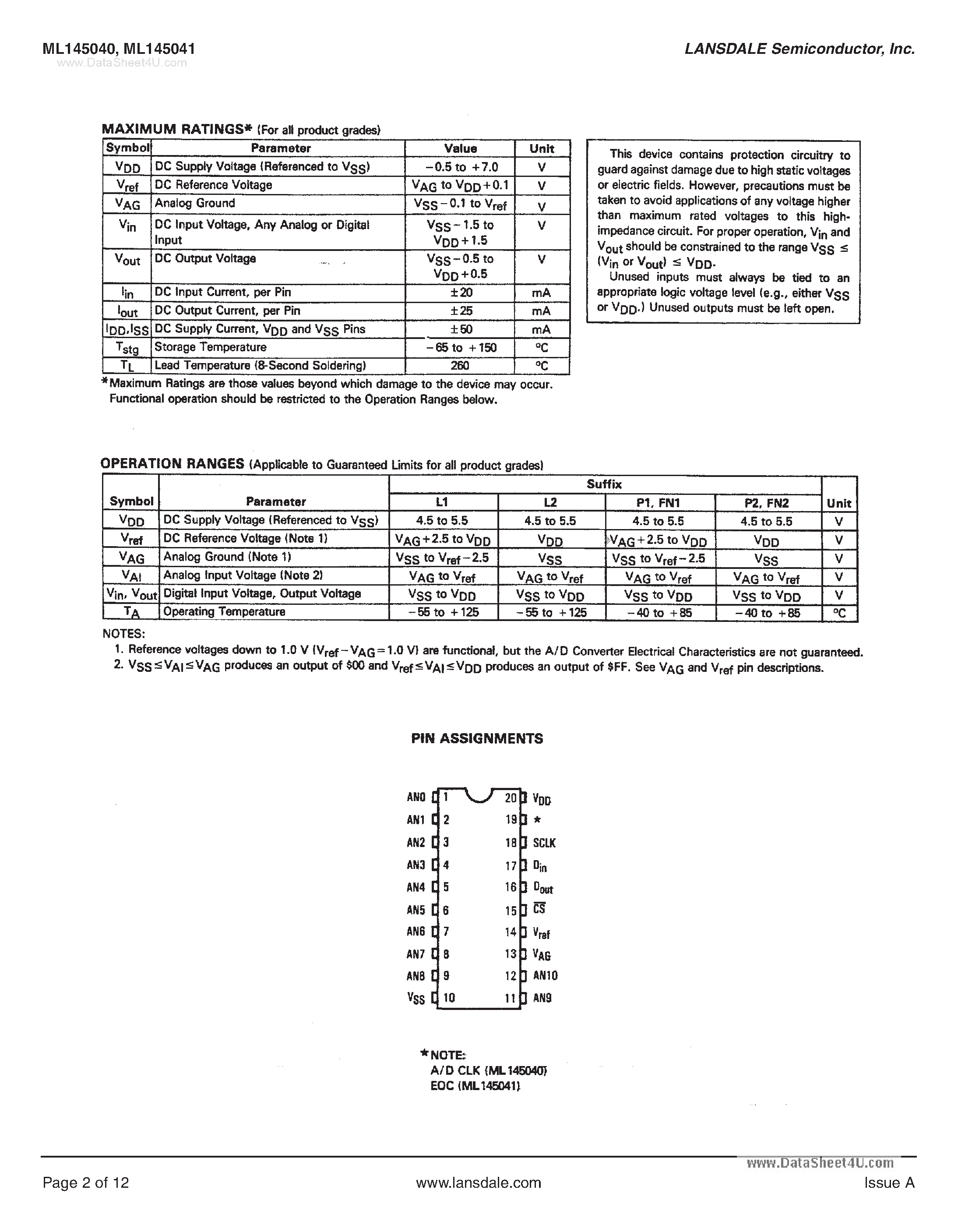 Datasheet ML145040 page 2 Datasheet ML145040 - (ML145040 / ML145041) 8-Bit A/D Converters page 2