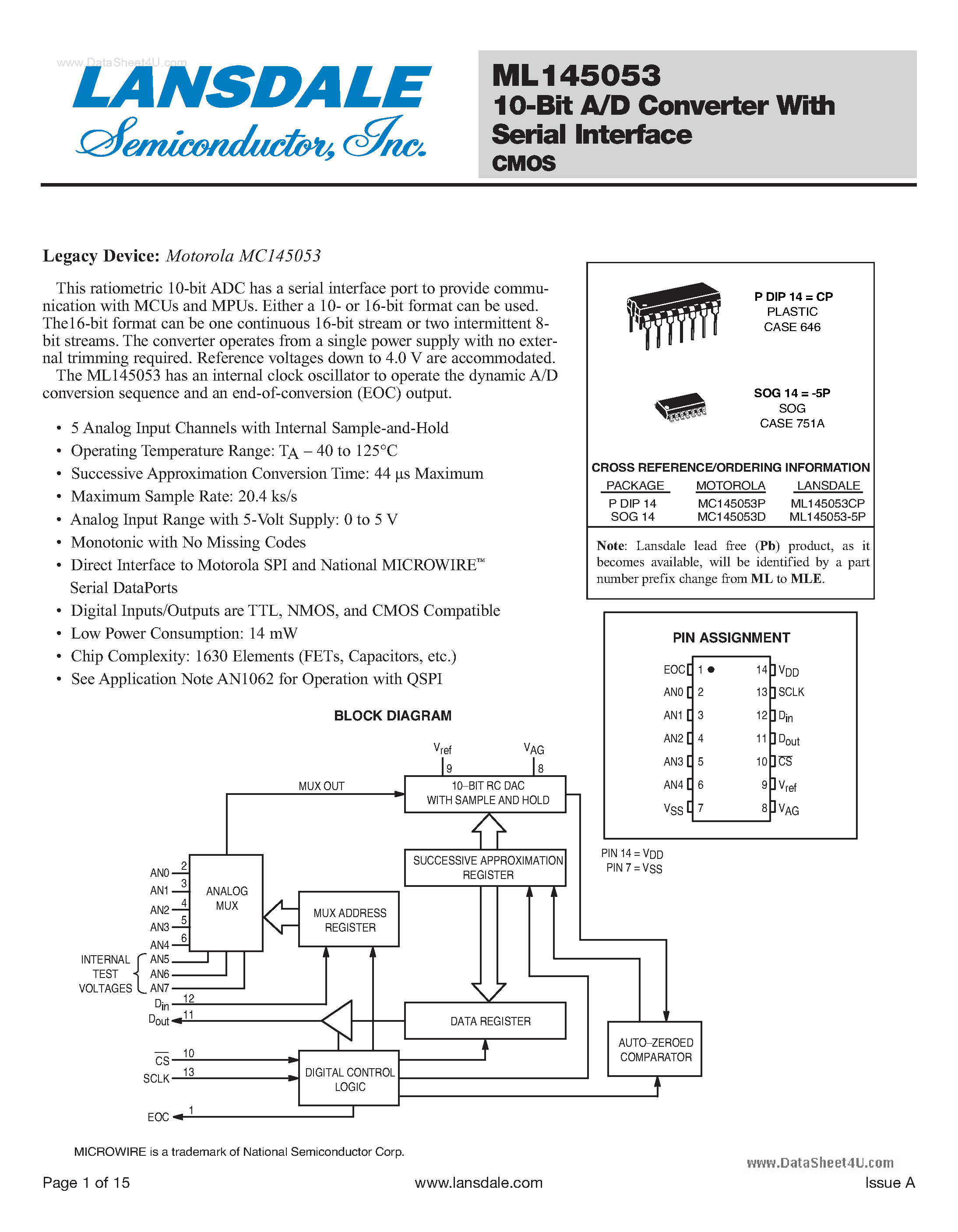 Datasheet ML145053 - 10-Bit A/D Converter page 1