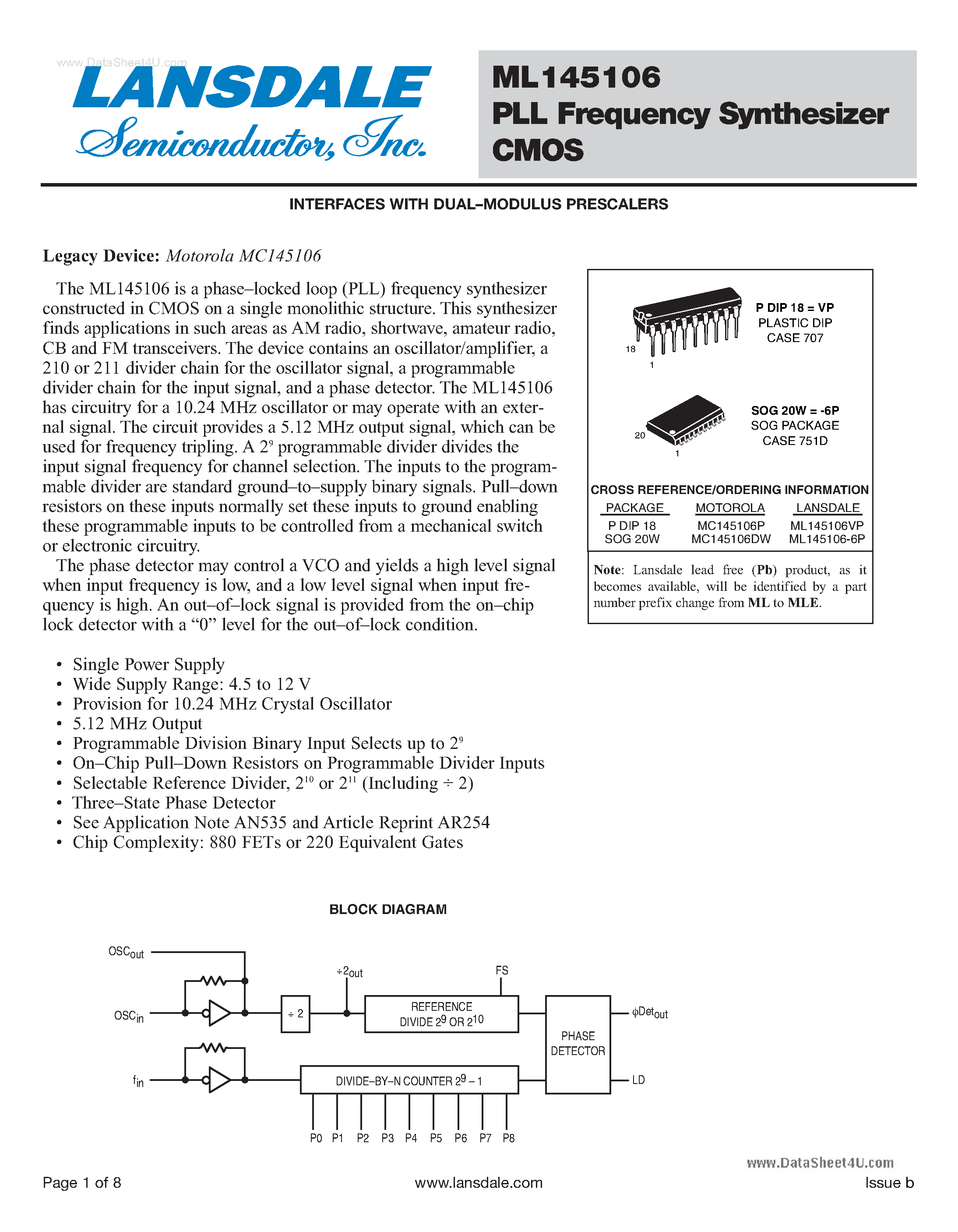 Datasheet ML145106 - PLL Frequency Synthesizer CMOS page 1