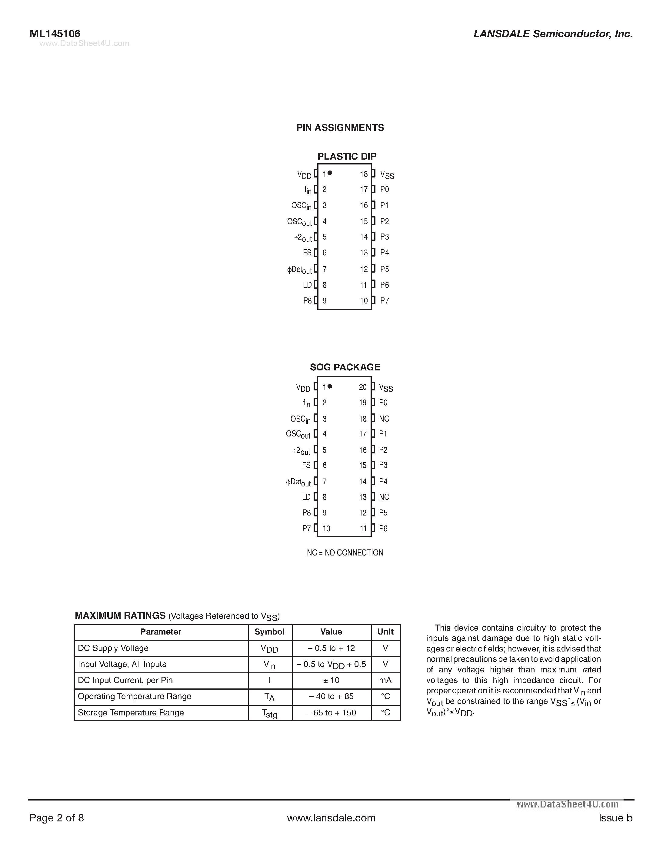 Даташит на микросхему ML145106 страница 2 Даташит ML145106 - PLL Frequency Synthesizer CMOS страница 2