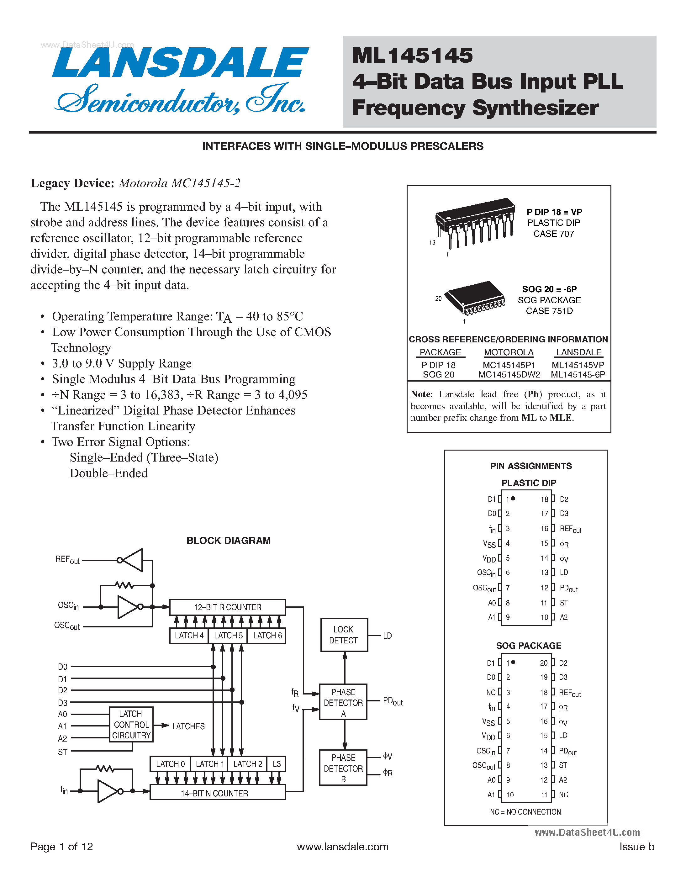 Datasheet ML145145 - 4-Bit Data Bus Input PLL Frequency Synthesizer page 1