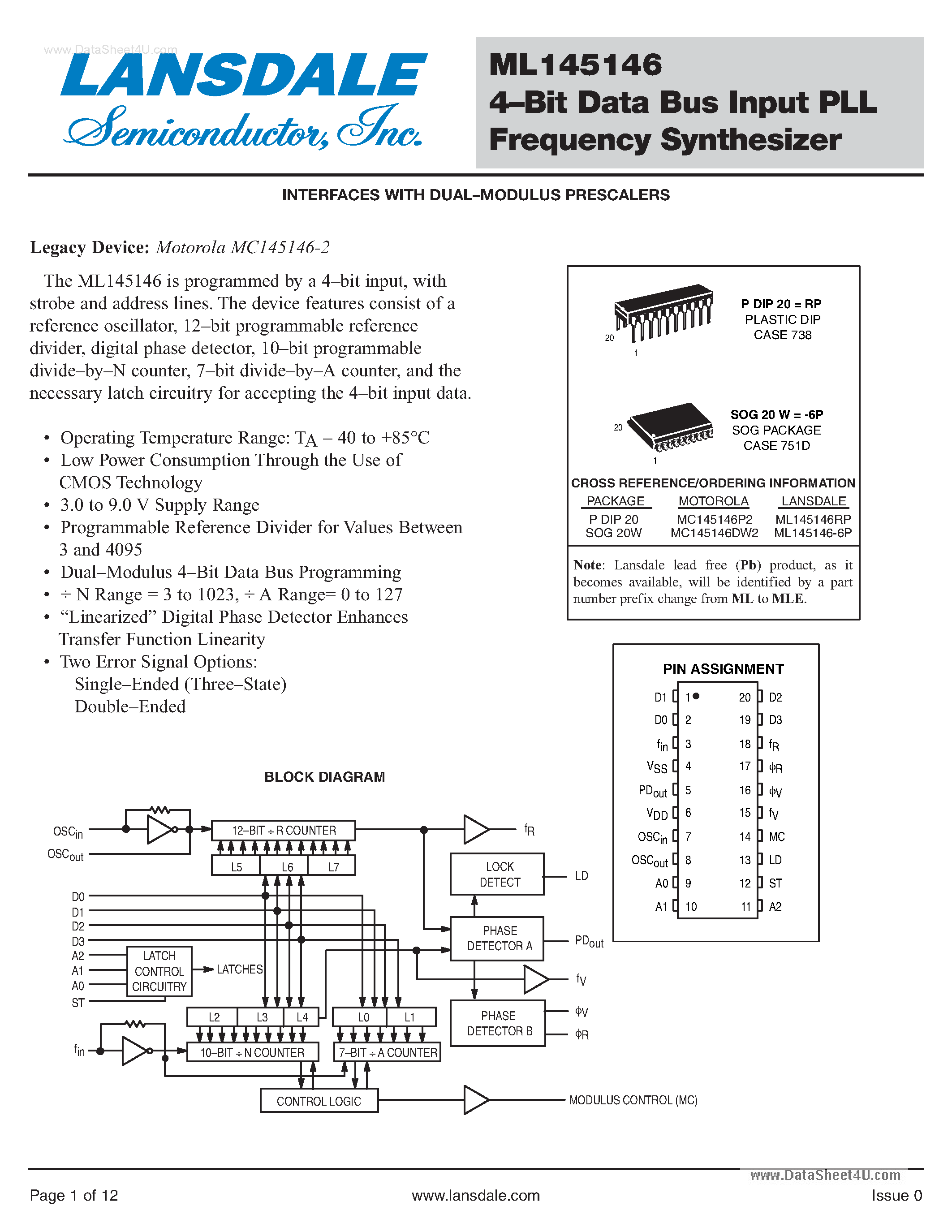Даташит на микросхему ML145146 страница 1 Даташит ML145146 - 4-Bit Data Bus Input PLL Frequency Synthesizer страница 1