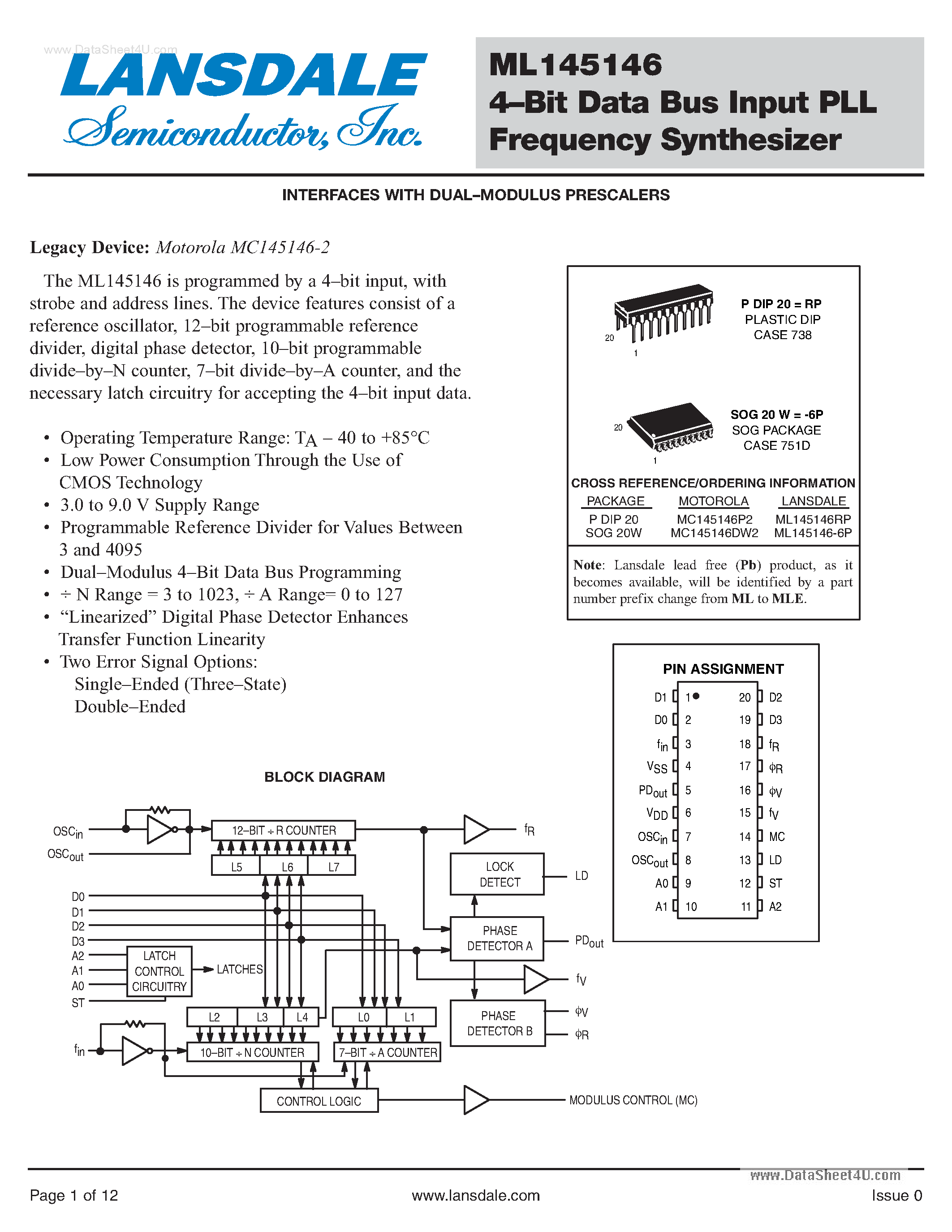 Datasheet ML145146 - 4-Bit Data Bus Input PLL Frequency Synthesizer page 1