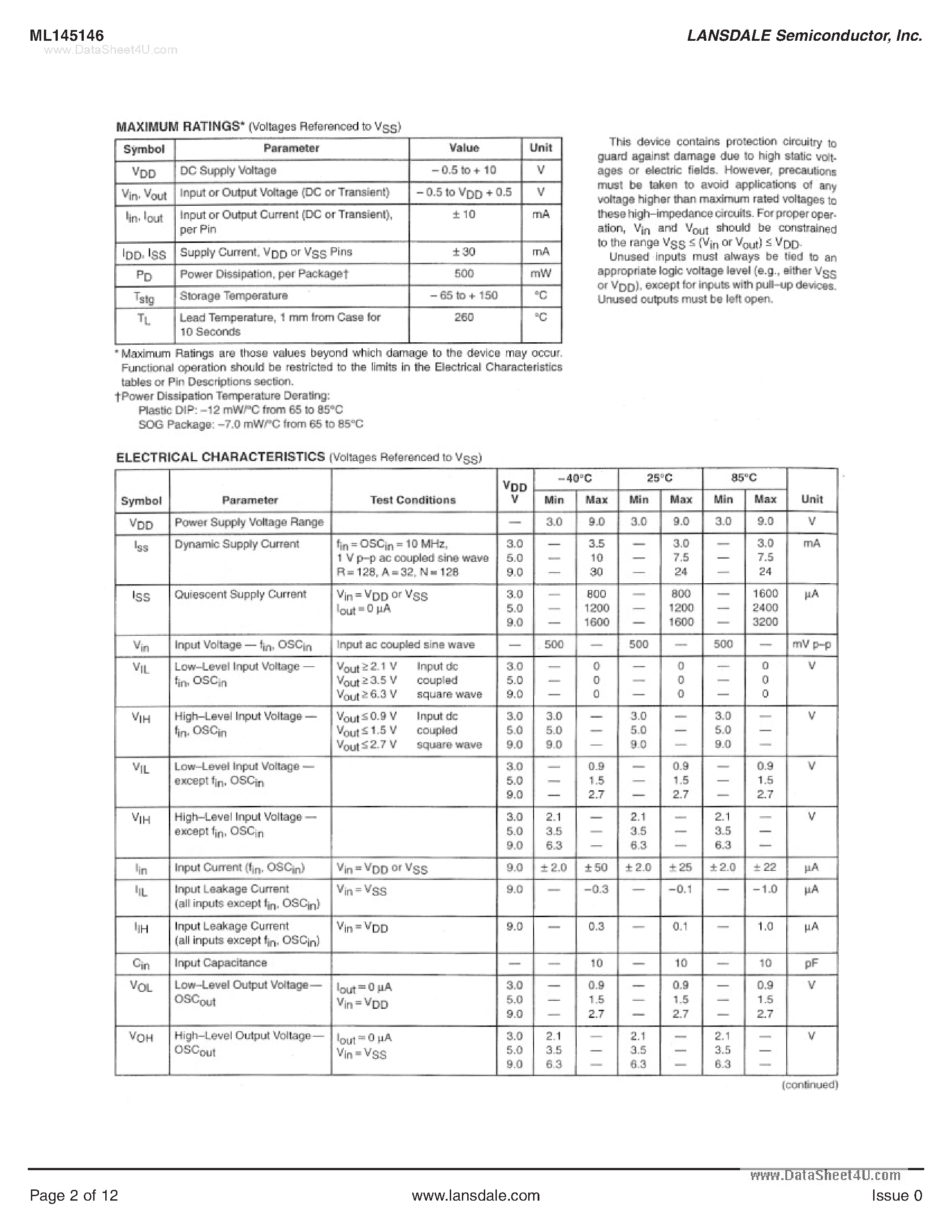 Даташит на микросхему ML145146 страница 2 Даташит ML145146 - 4-Bit Data Bus Input PLL Frequency Synthesizer страница 2