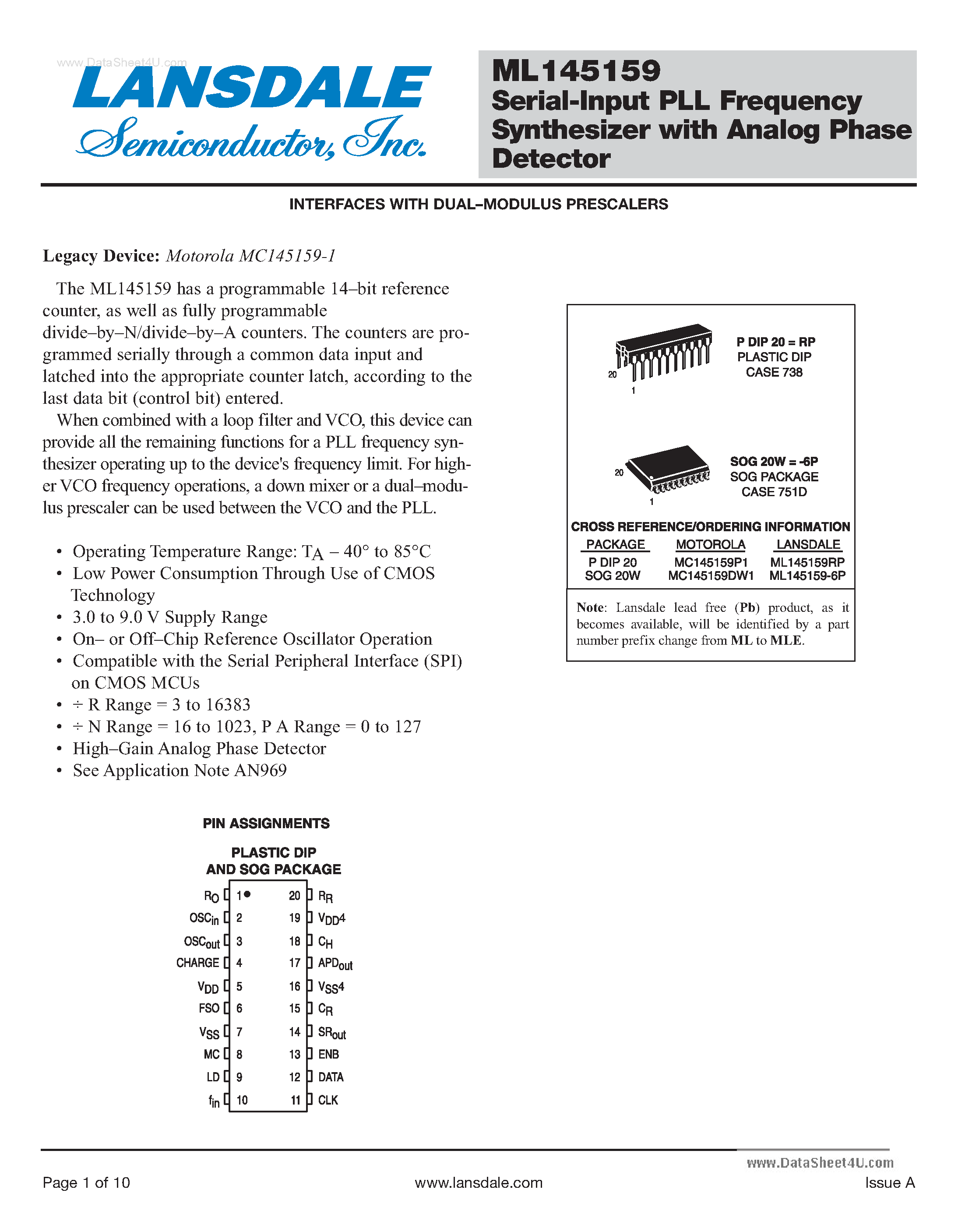 Datasheet ML145159 - Serial-Input PLL Frequency Synthesizer page 1