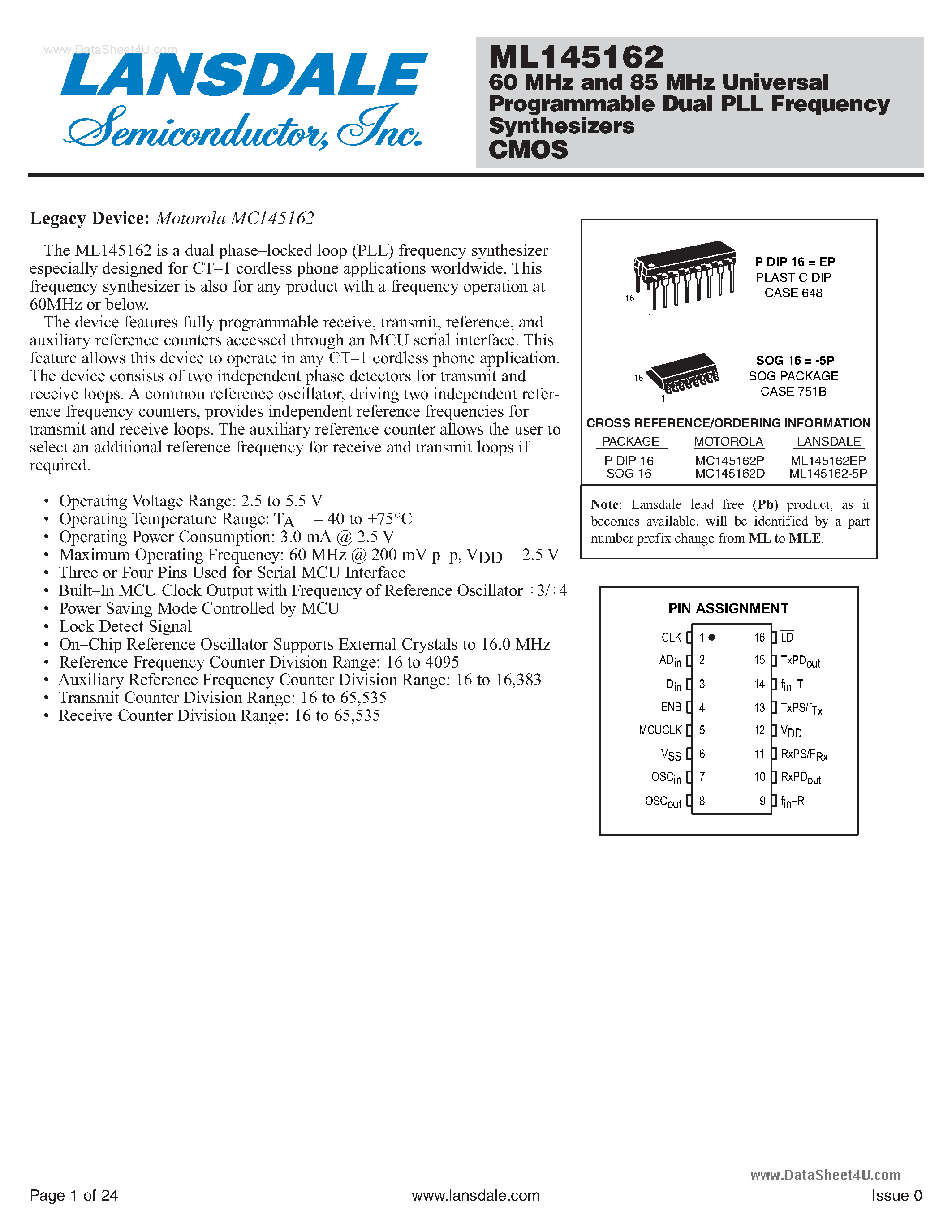 Datasheet ML145162 - 60 MHz and 85 MHz Universal Programmable Dual PLL Frequency Synthesizers CMOS page 1