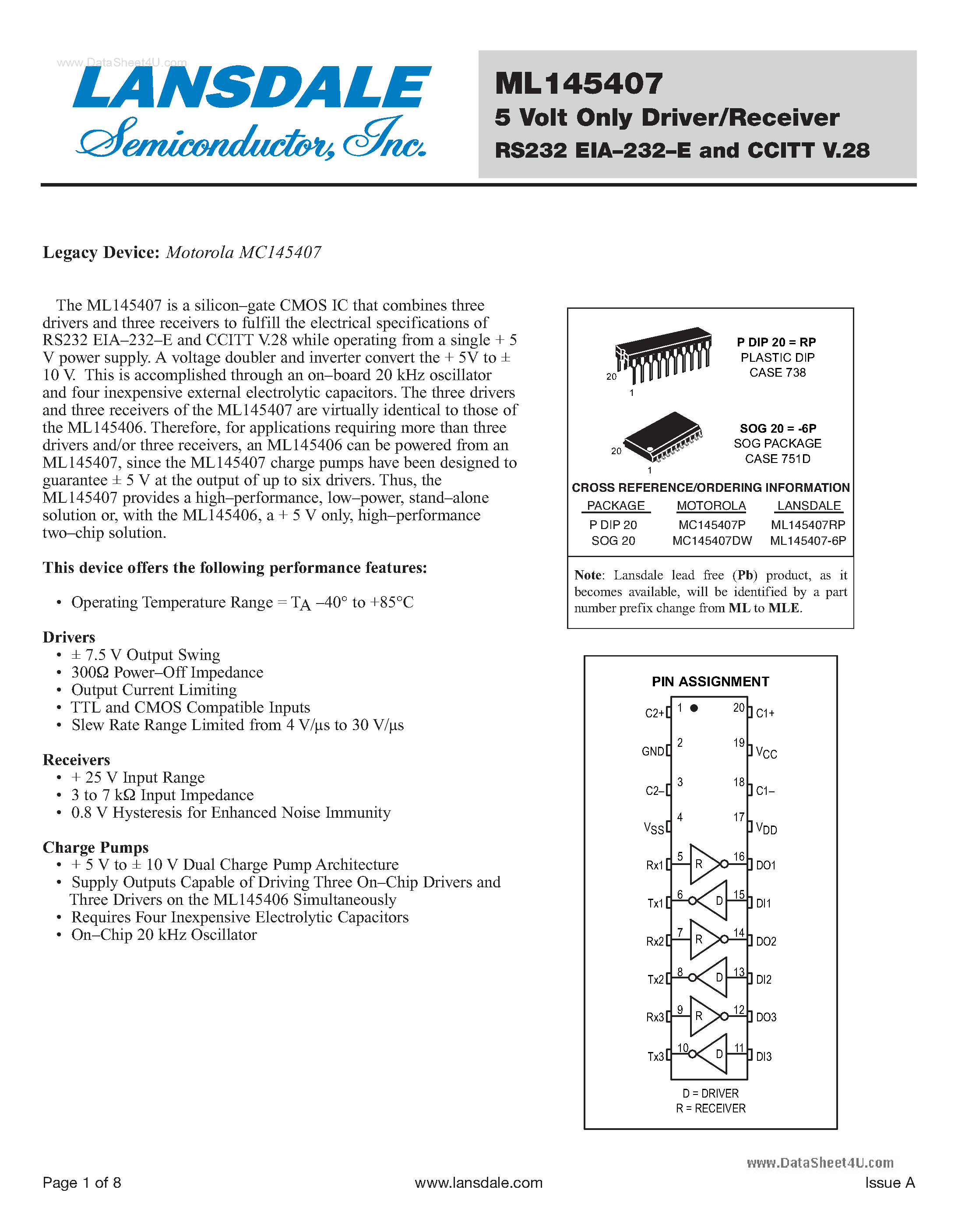 Datasheet ML145407 - 5 Volt Only Driver/Receiver page 1