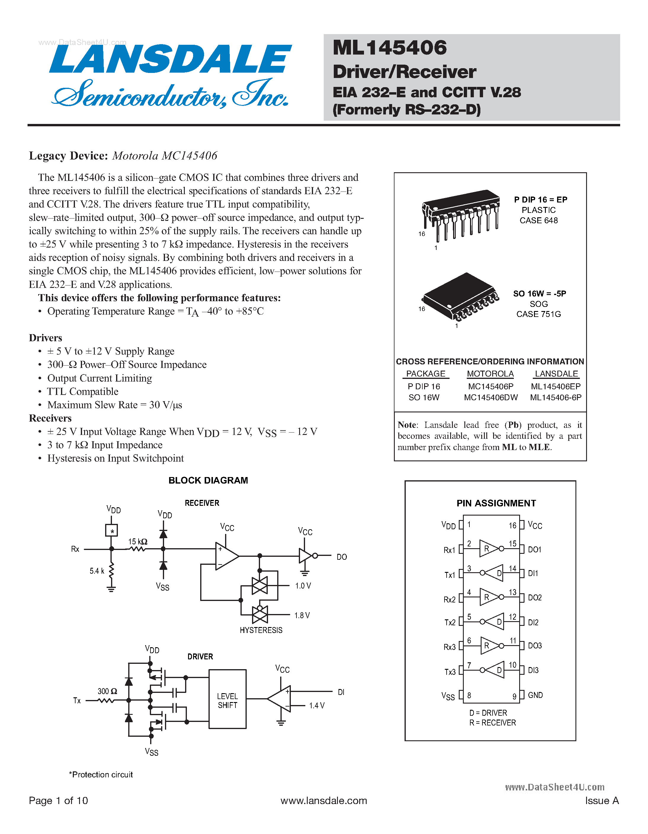 Даташит на микросхему ML145406 страница 1 Даташит ML145406 - Driver/Receiver страница 1
