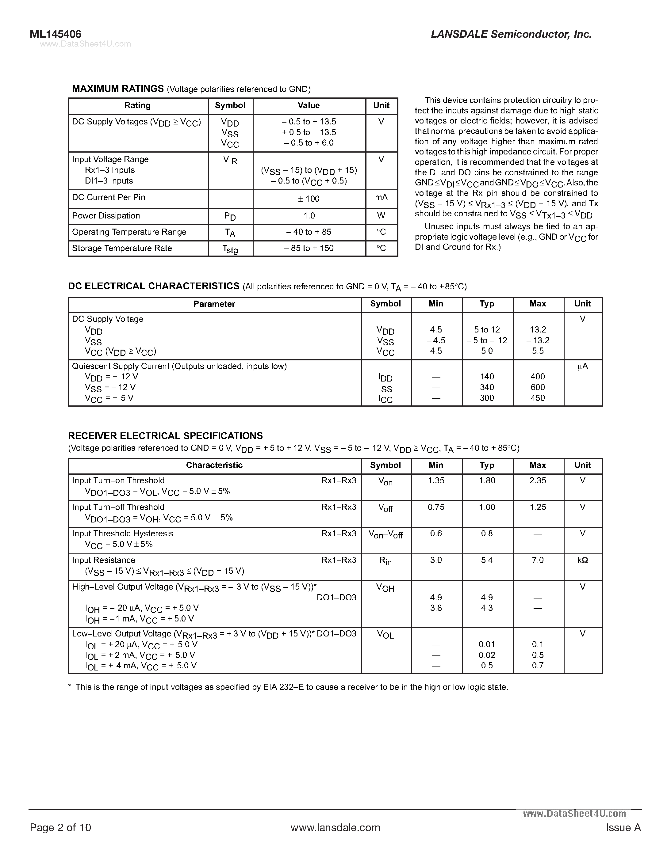 Datasheet ML145406 - Driver/Receiver page 2