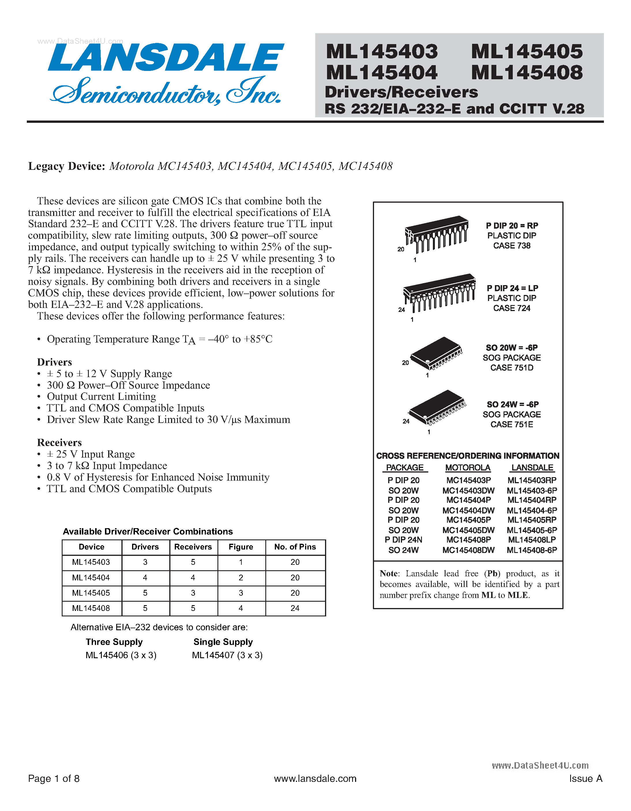 Datasheet ML145403 page 1 Datasheet ML145403 - (ML145403 - ML145408) Drivers/Receivers page 1