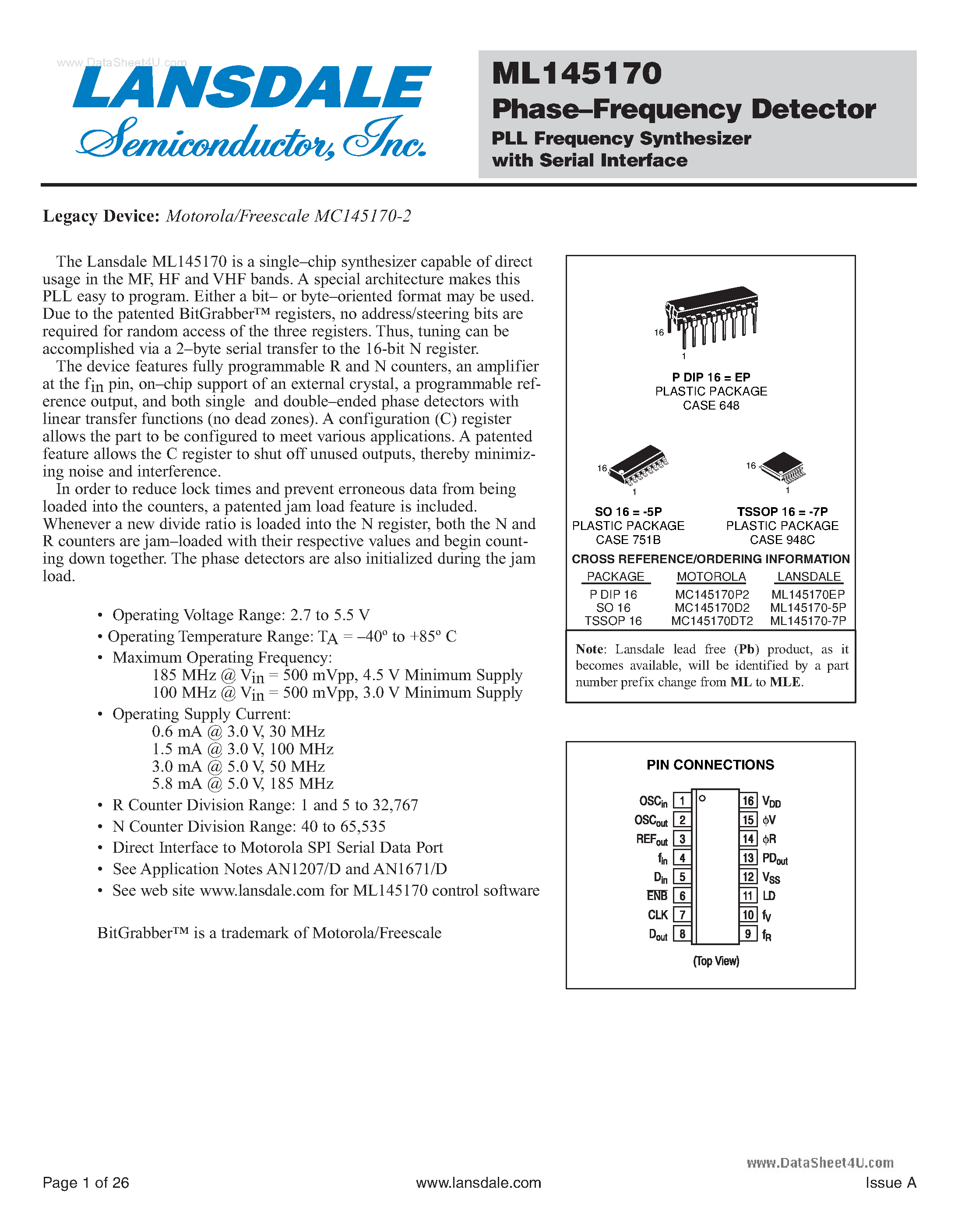 Даташит на микросхему ML145170 страница 1 Даташит ML145170 - Phase-Frequency Detector PLL Frequency Synthesizer страница 1