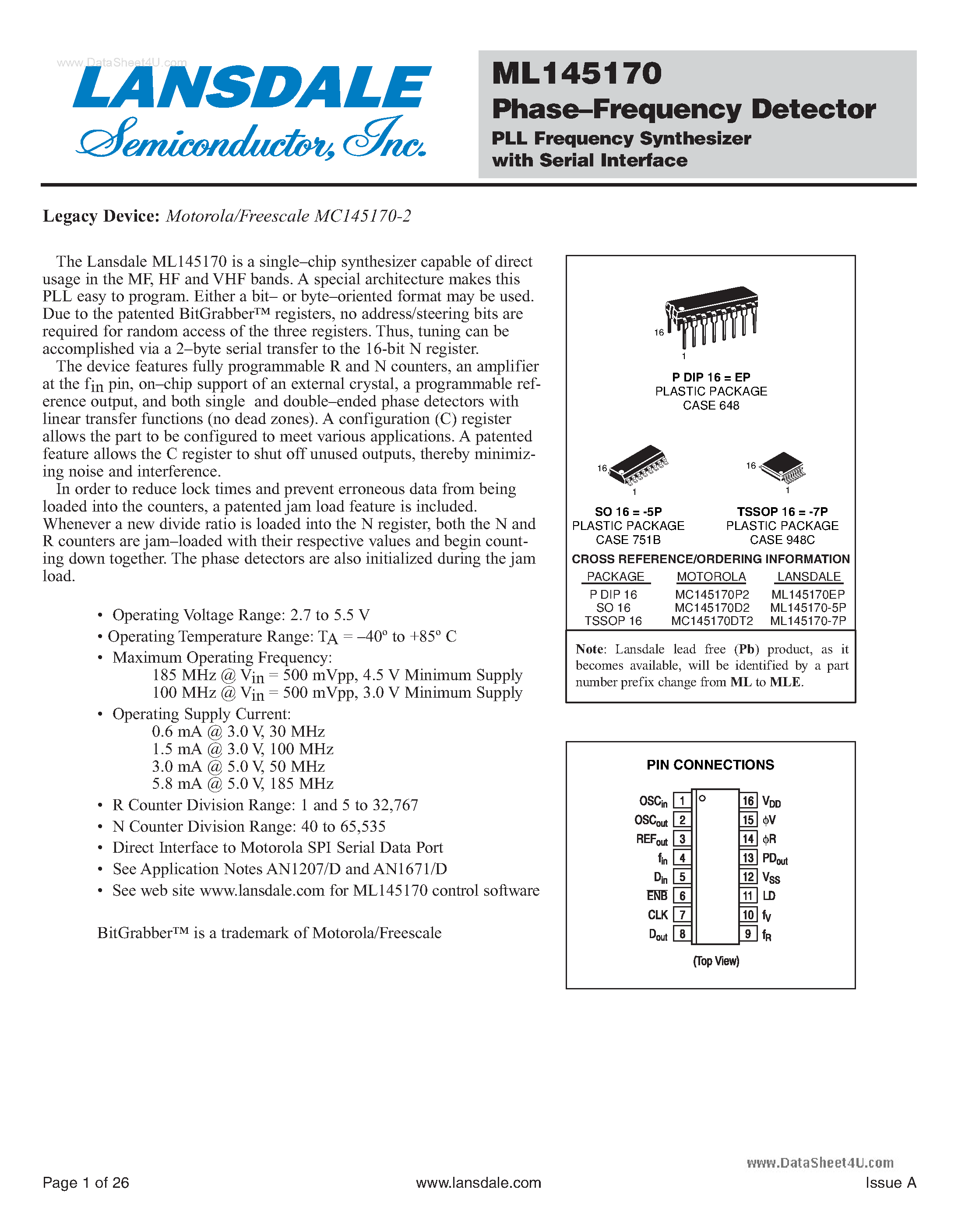Datasheet ML145170 - Phase-Frequency Detector PLL Frequency Synthesizer page 1