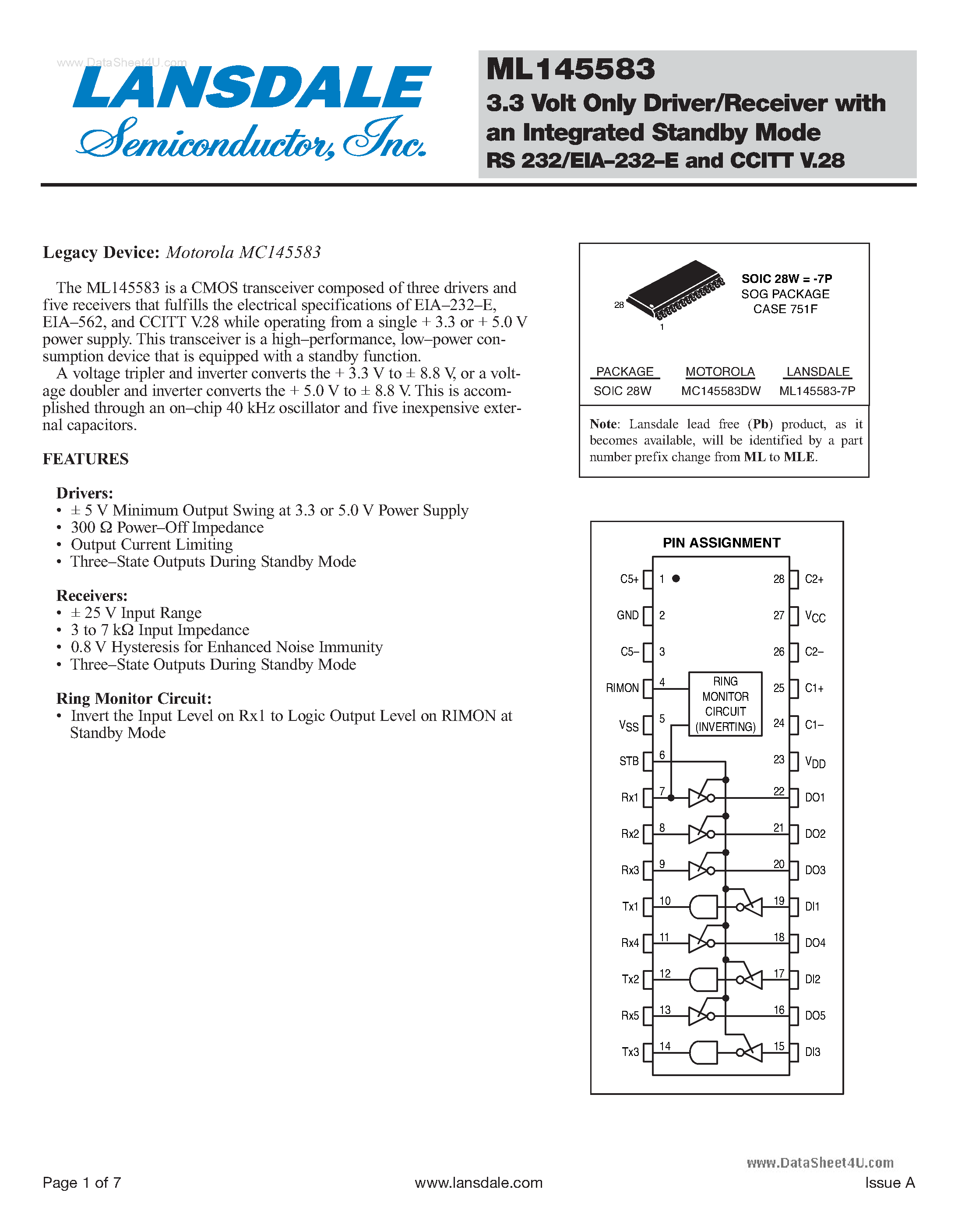 Datasheet ML145583 - 3.3 Volt Only Driver/Receiver page 1