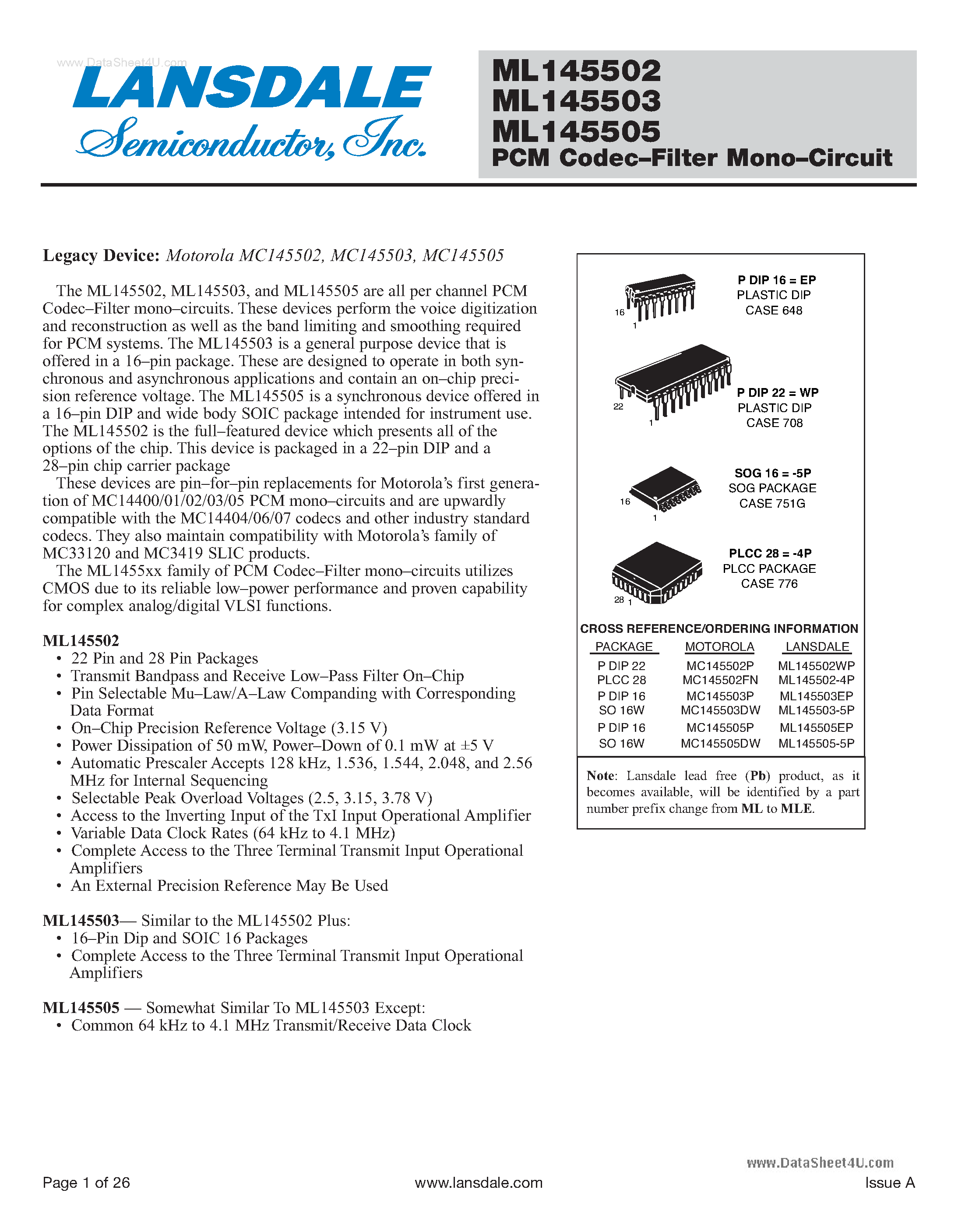 Datasheet ML145502 - (ML145502 - ML145505) PCM Codec-Filter Mono-Circuit page 1
