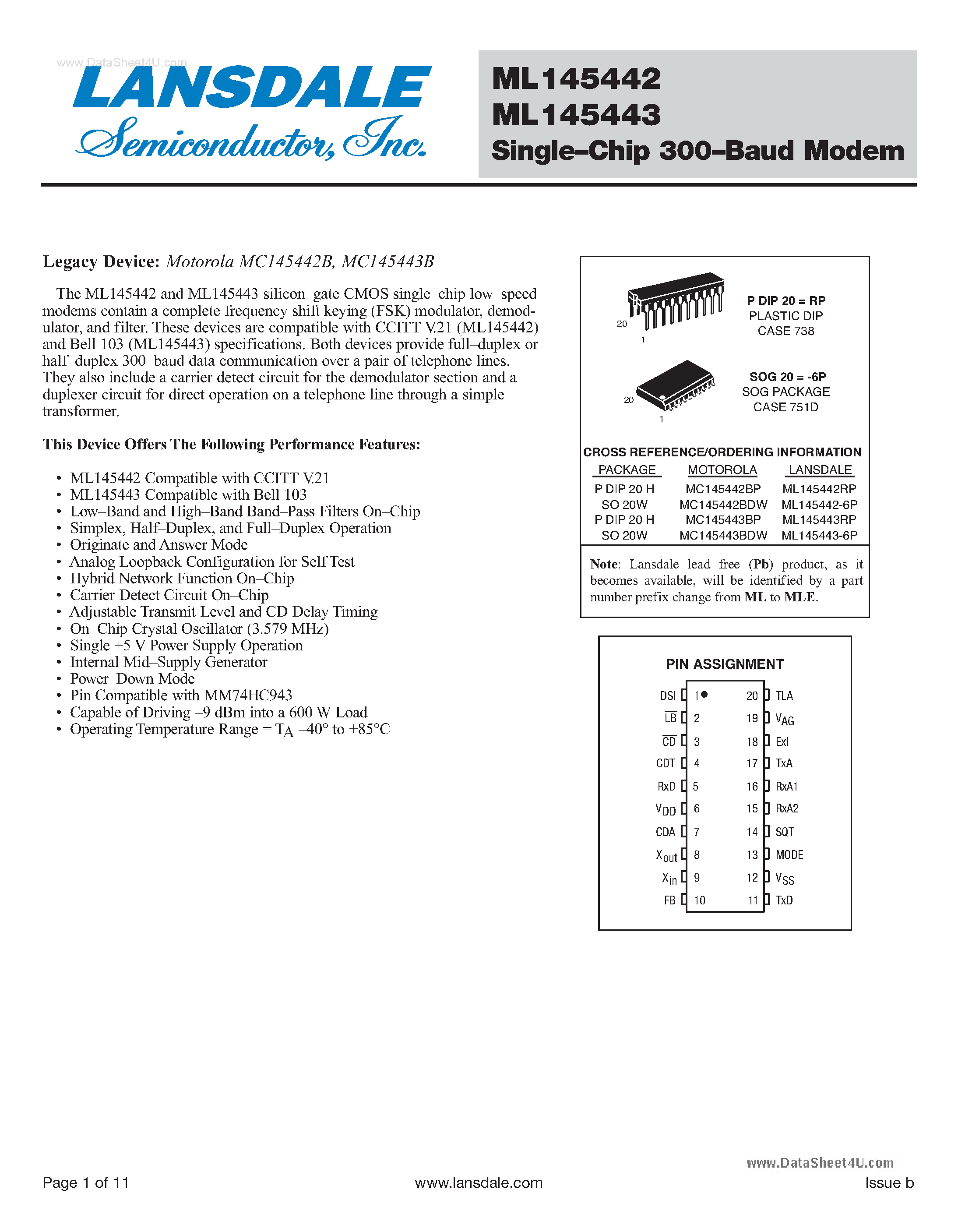 Даташит на микросхему ML145442 страница 1 Даташит ML145442 - (ML145442 / ML145443) Single-Chip 300-Baud Modem страница 1