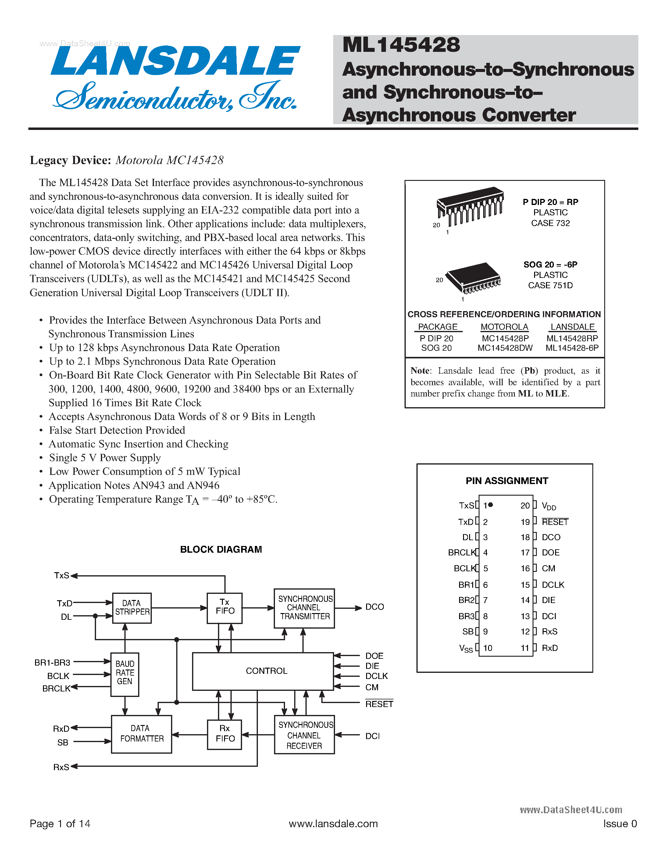 Datasheet ML145428 - Asynchronous-to-Synchronous and Synchronous-to-Asynchronous Converter page 1