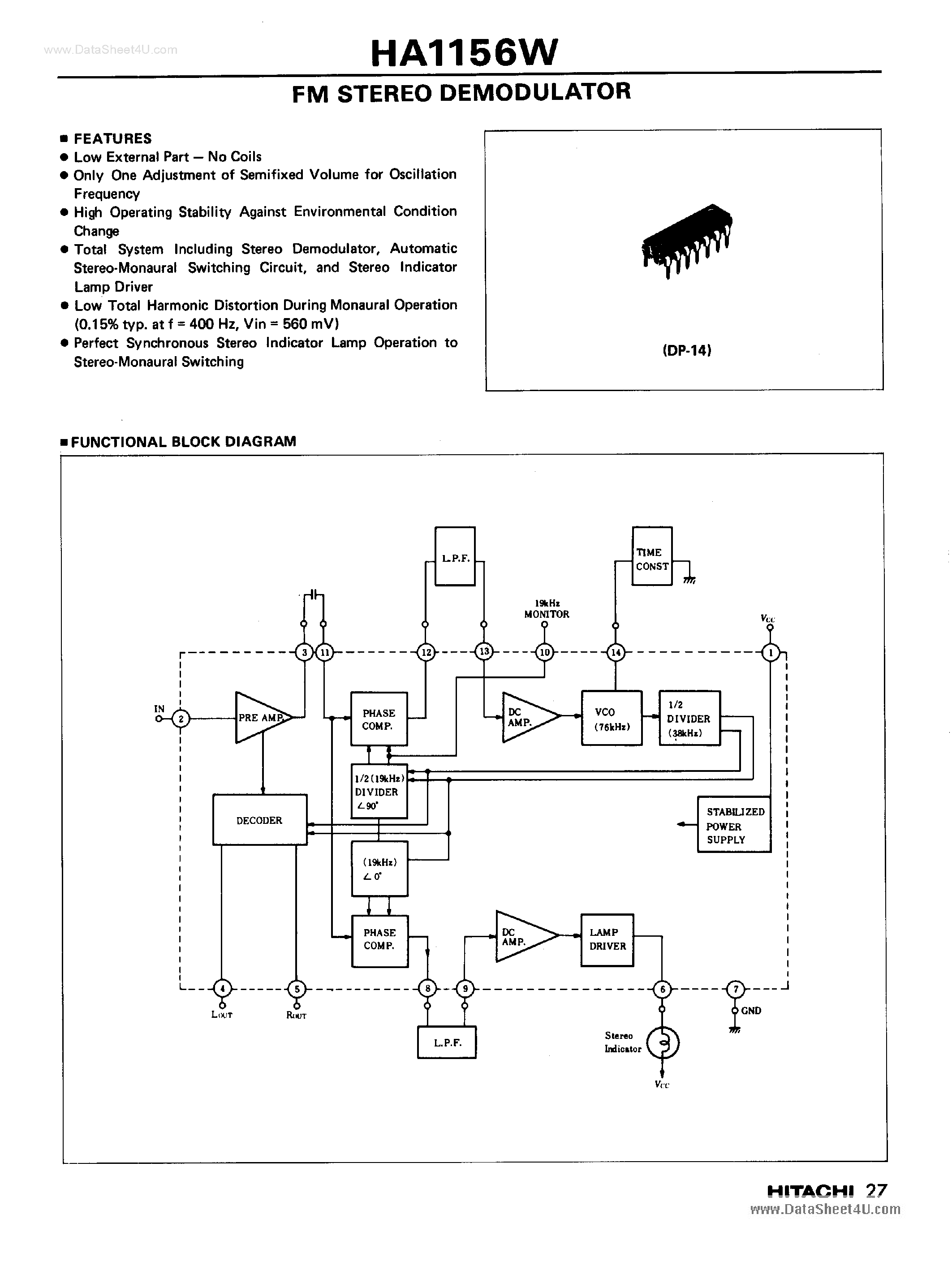 Даташит HA1156W - FM Stereo Demodulator страница 1