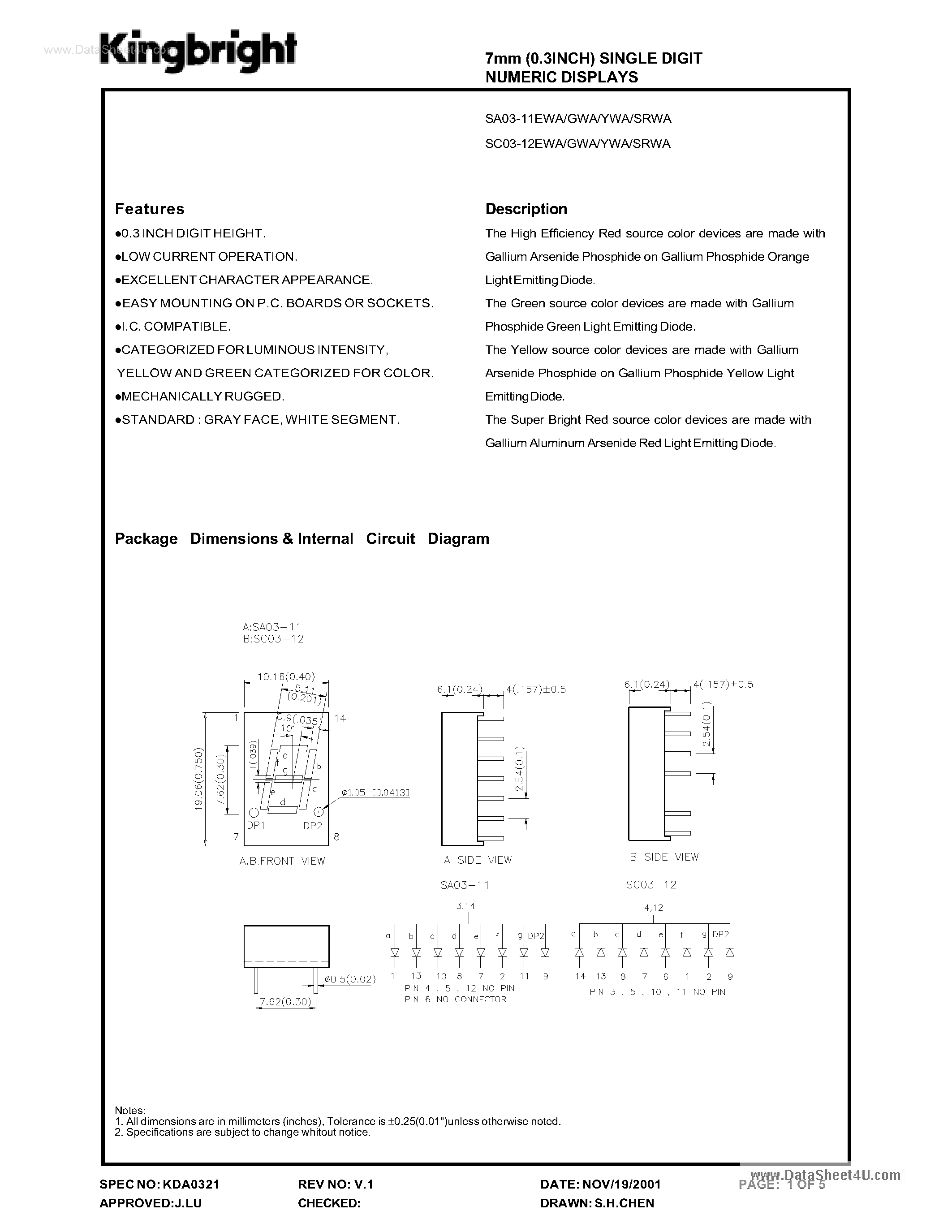 Datasheet SA03-11EWA - (SA03-11EWA / SA03-12EWA) 7MM (0.3 INCH) SINGLE DIGIT NUMERIC DISPLAYS page 1
