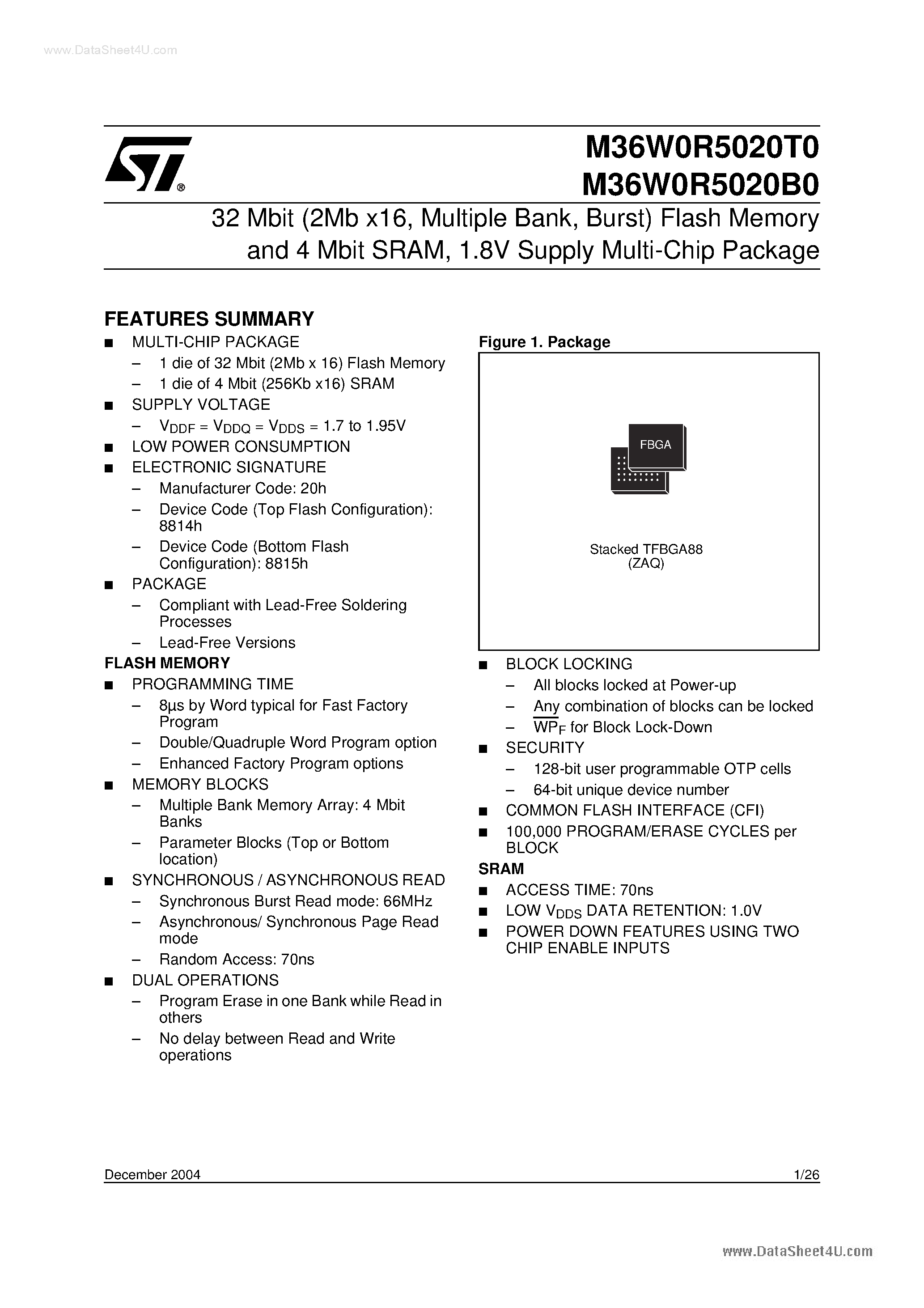 Datasheet M36W0R5020B0 - 32 Mbit Flash Memory and 4 Mbit SRAM page 1