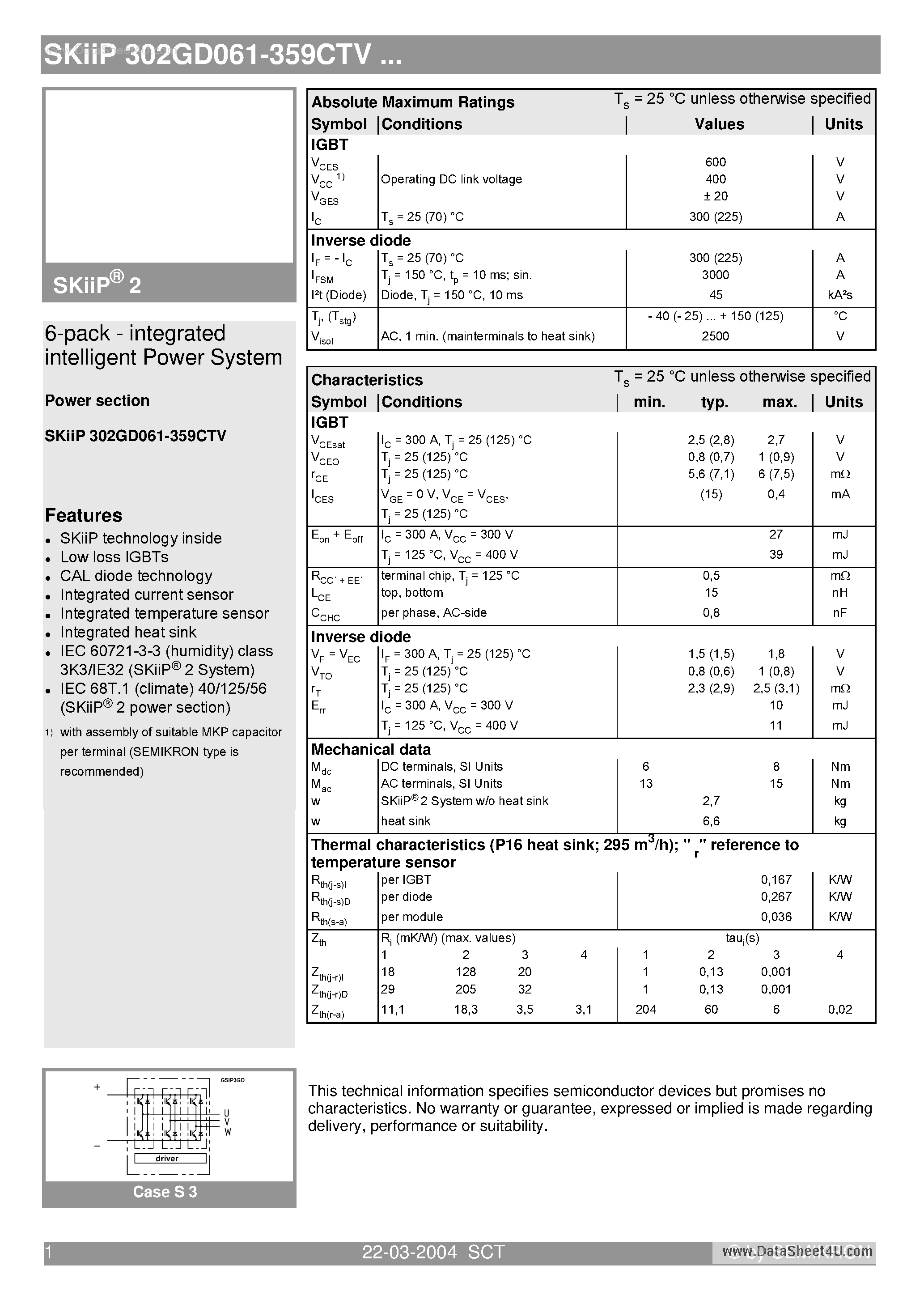 Datasheet SKIIP302GD061-359CTV page 1 Datasheet SKIIP302GD061-359CTV - 6-pack - integrated intelligent Power System page 1