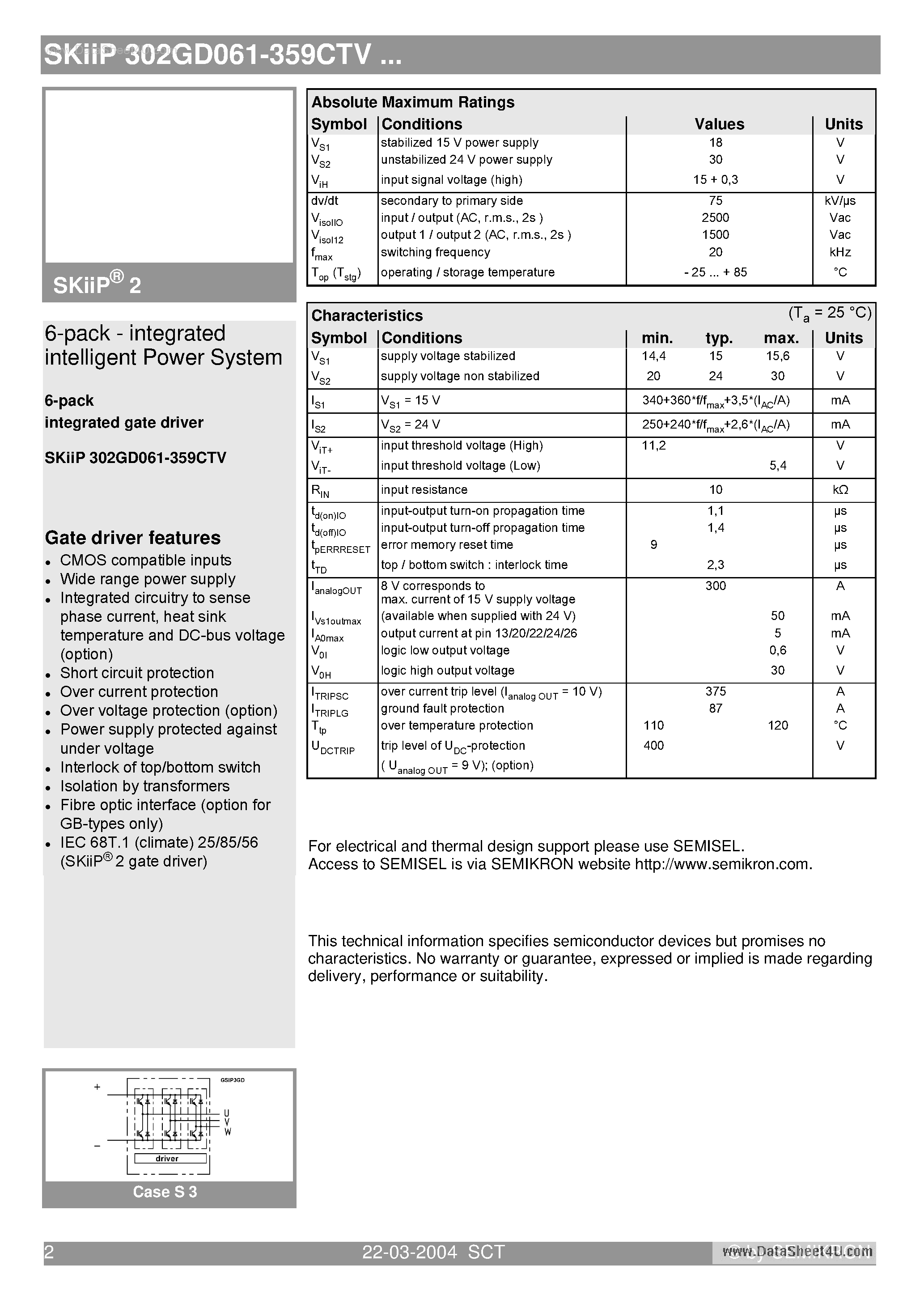 Datasheet SKIIP302GD061-359CTV page 2 Datasheet SKIIP302GD061-359CTV - 6-pack - integrated intelligent Power System page 2