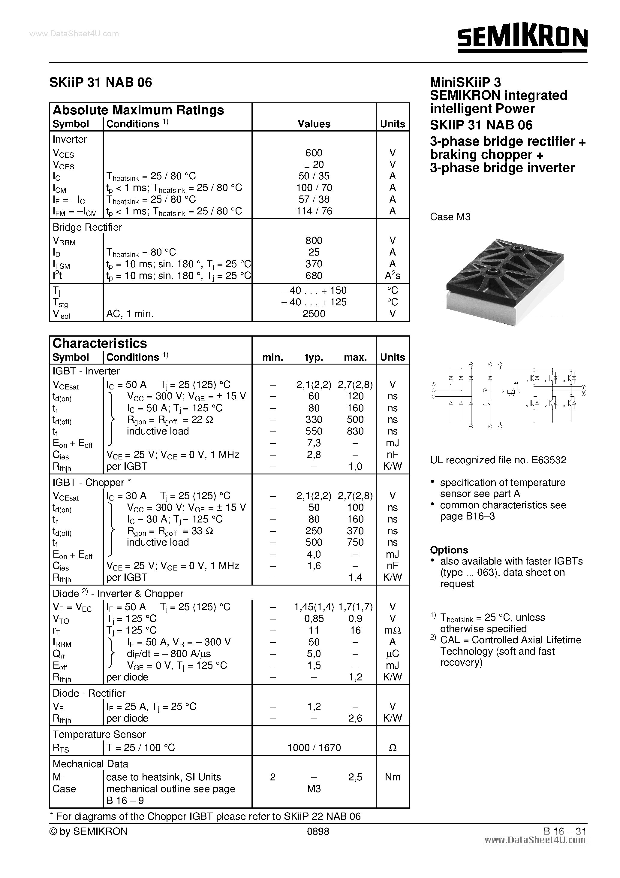 Datasheet SKIIP30NAB06 - 3-phase bridge rectifier braking chopper 3-phase bridge inverter page 1
