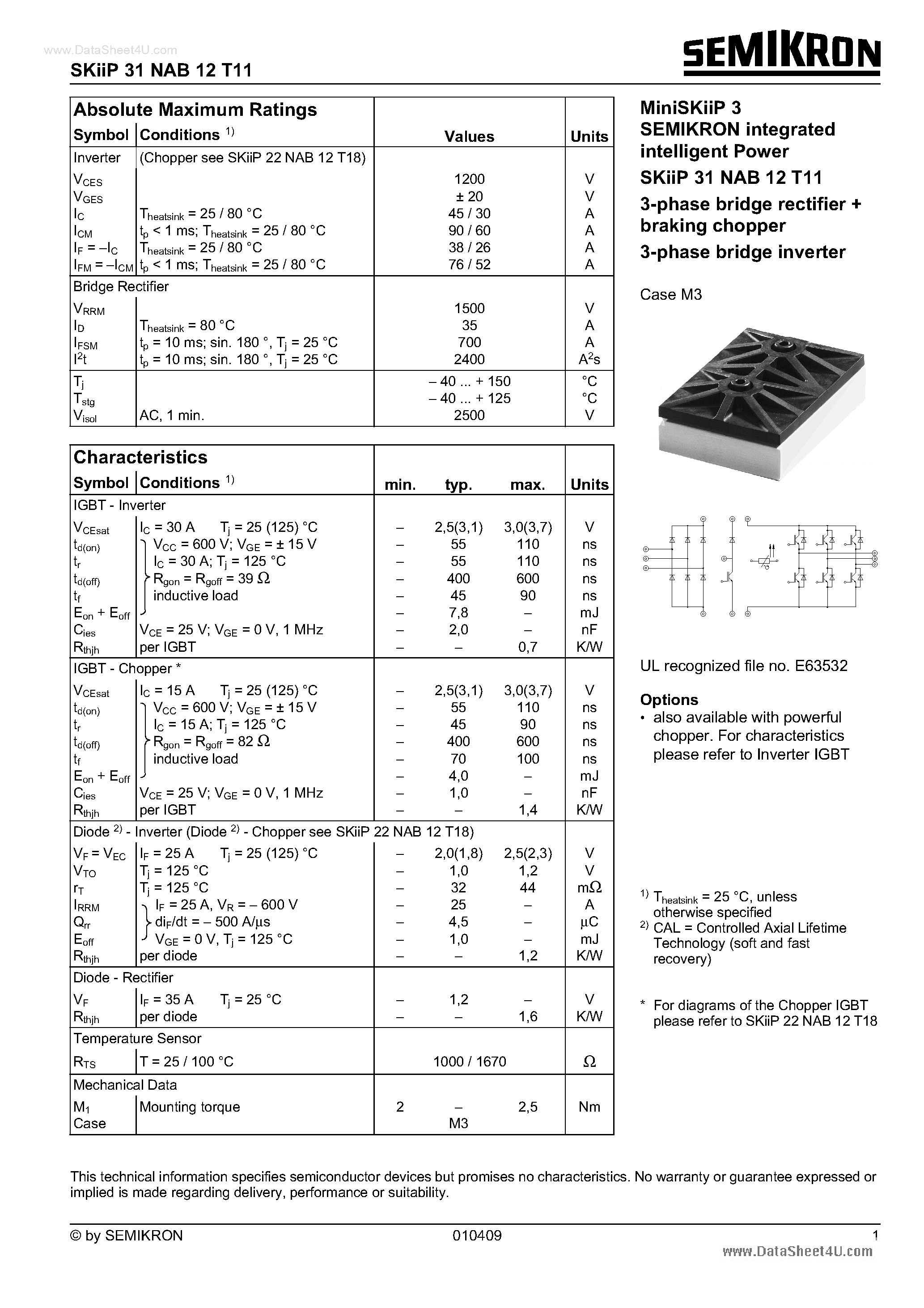 Datasheet SKIIP30NAB12T11 - 3-phase bridge rectifier braking chopper 3-phase bridge inverter page 1