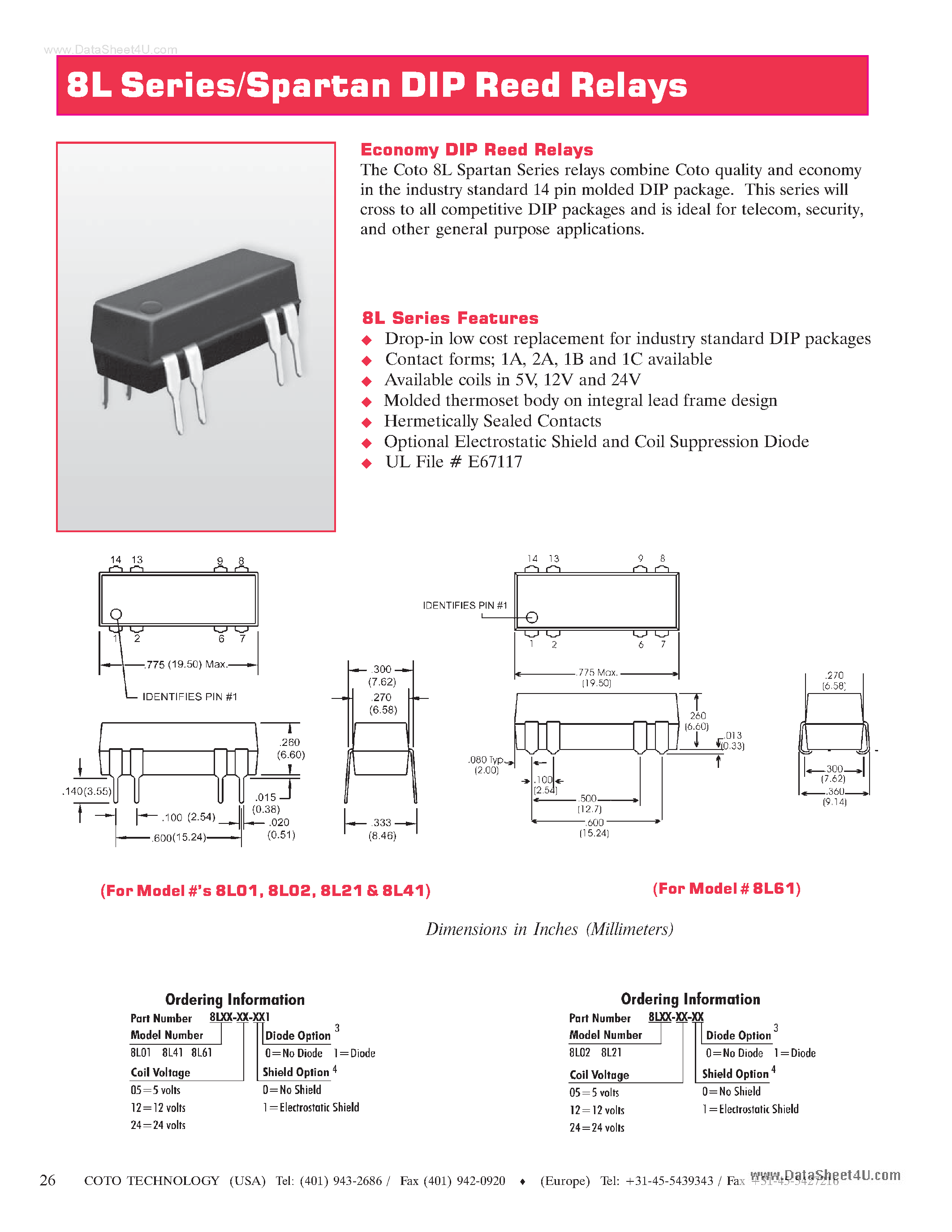 Datasheet 8L00 page 1 Datasheet 8L00 - Spartan DIP Reed Relays page 1