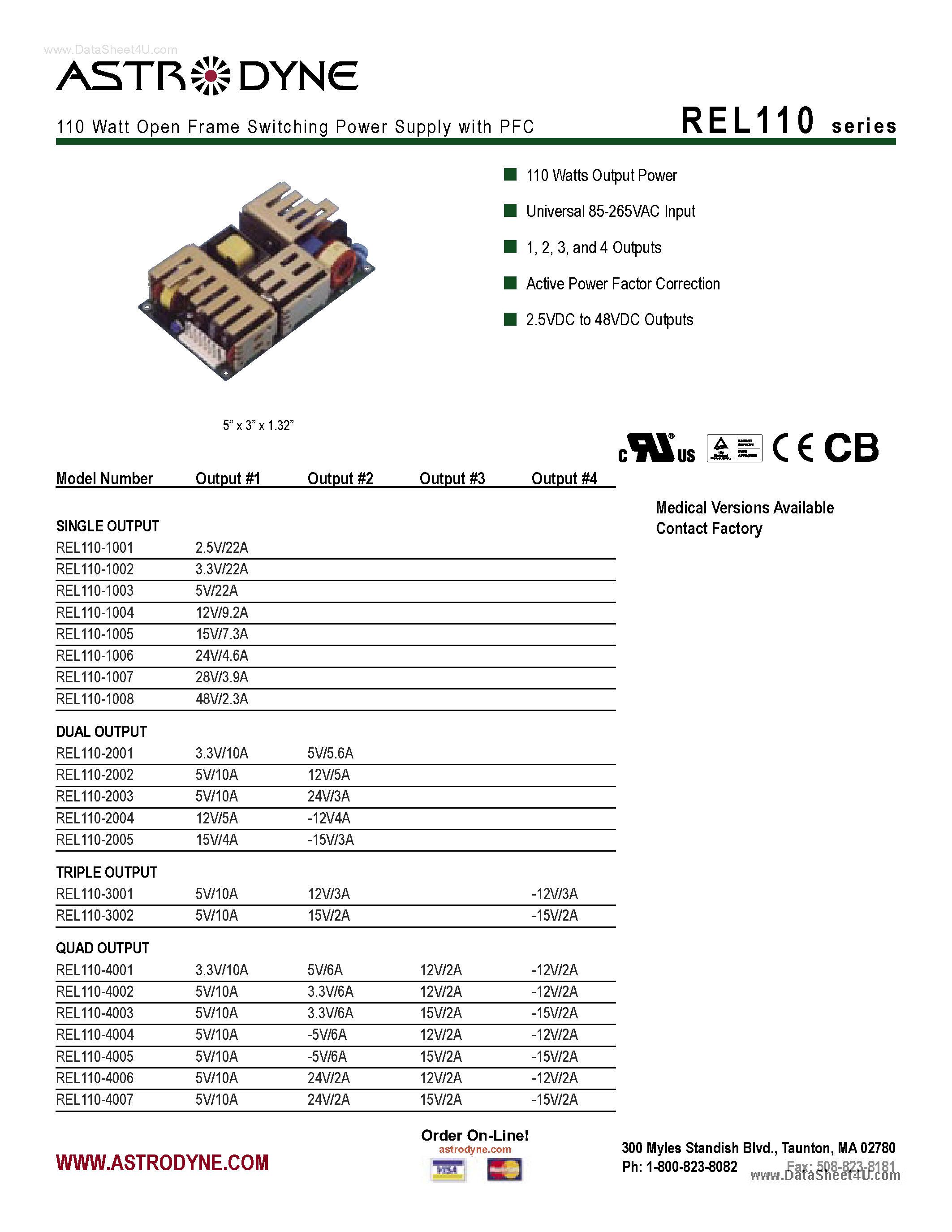 Datasheet REL110 - 110 Watt Open Frame Switching Power Supply page 1