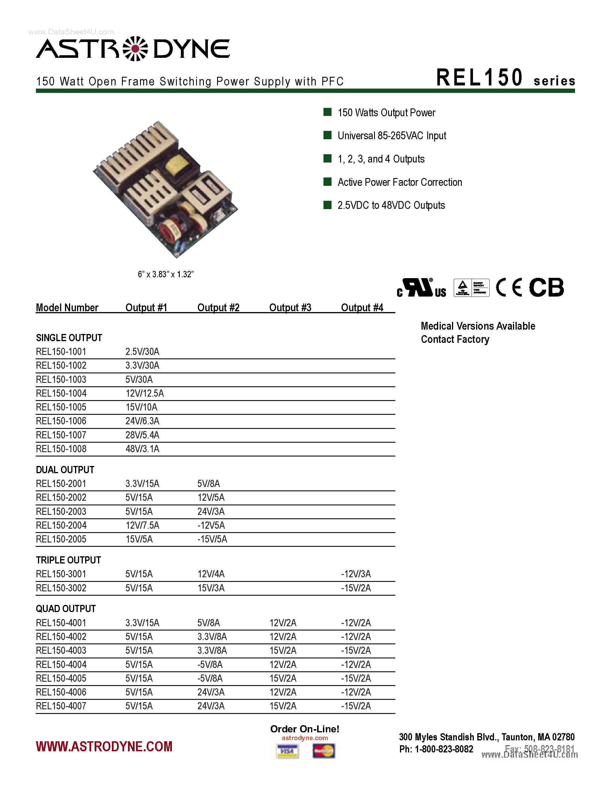 Datasheet REL150 - 150 Watt Open Frame Switching Power Supply page 1