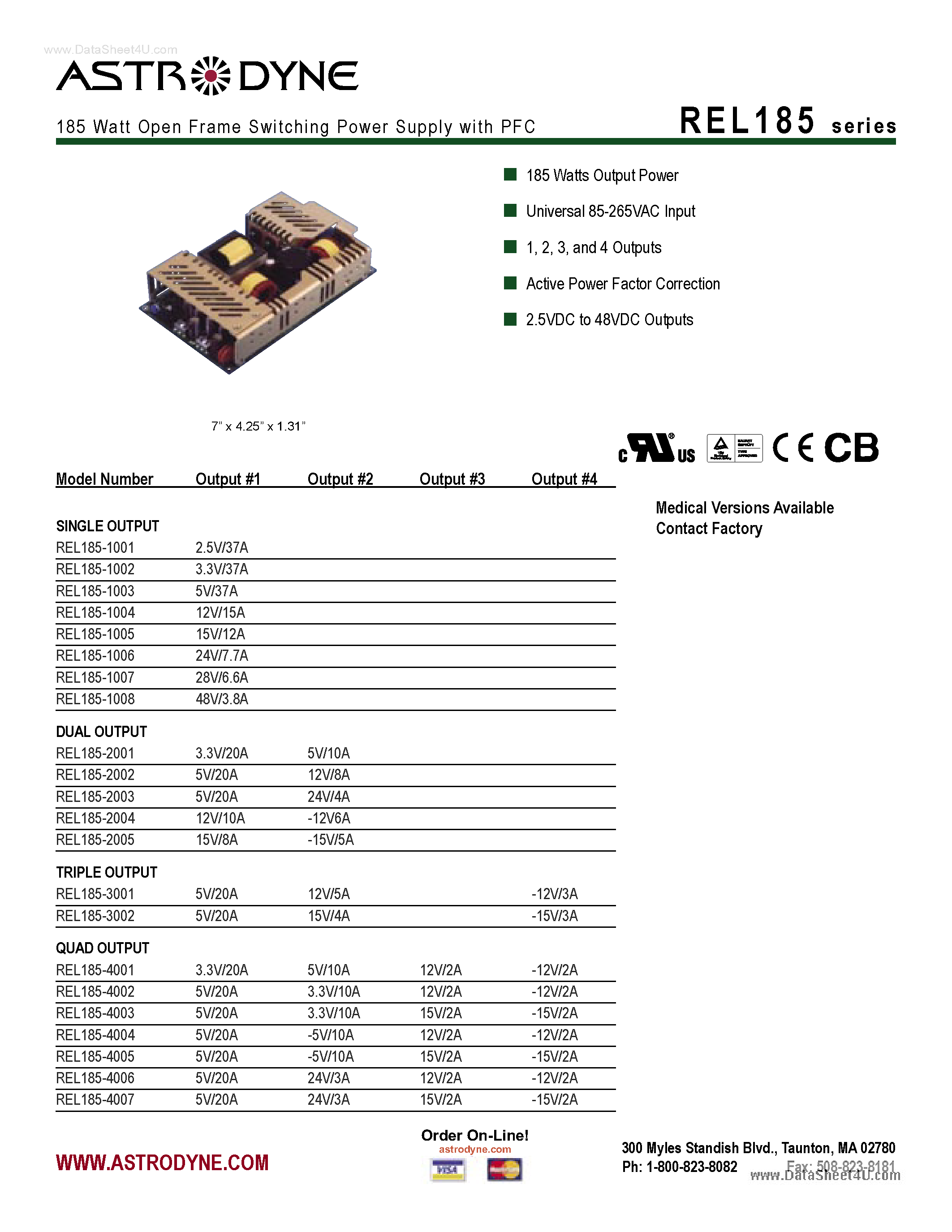 Datasheet REL185 page 1 Datasheet REL185 - 185 Watt Open Frame Switching Power Supply page 1