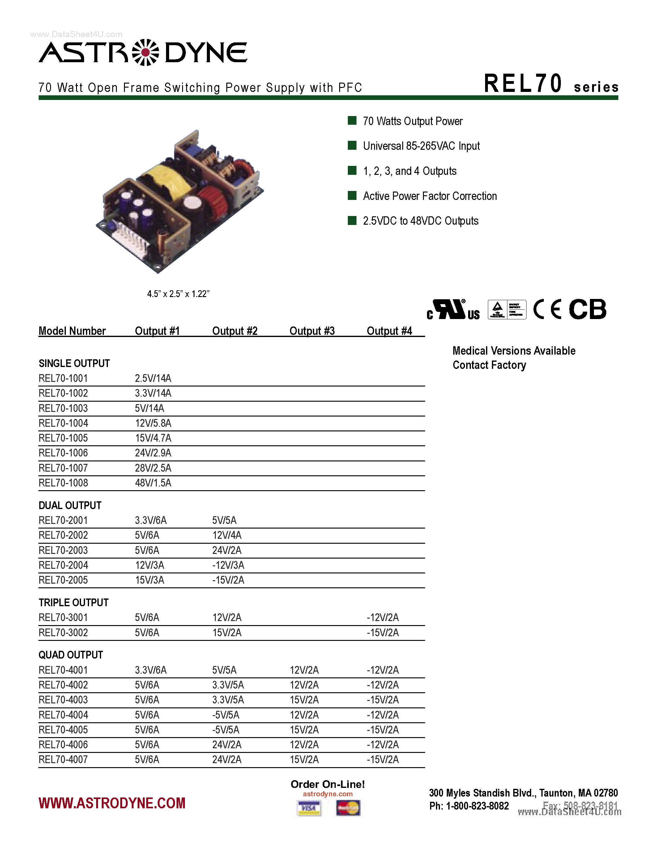 Datasheet REL70 page 1 Datasheet REL70 - 70 Watt Open Frame Switching Power Supply page 1