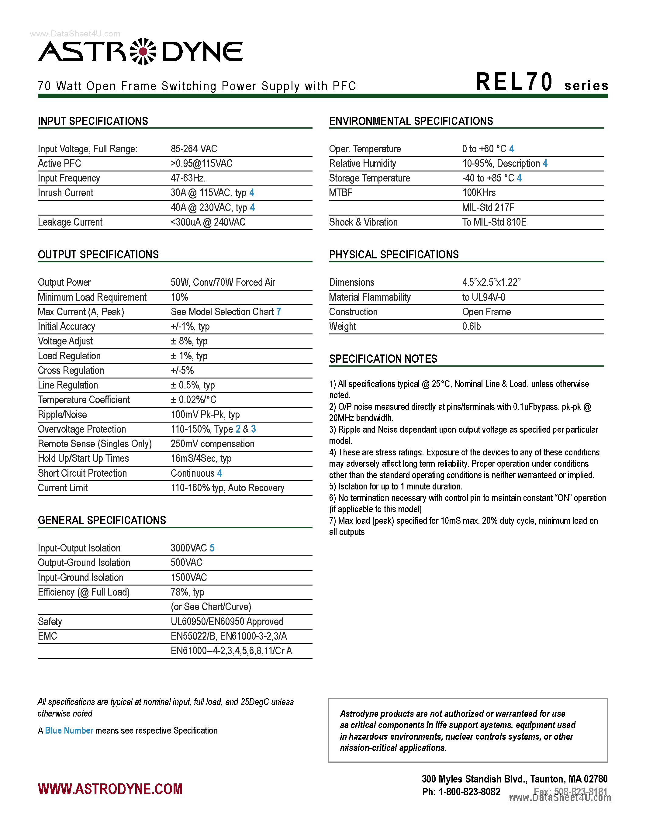 Datasheet REL70 page 2 Datasheet REL70 - 70 Watt Open Frame Switching Power Supply page 2