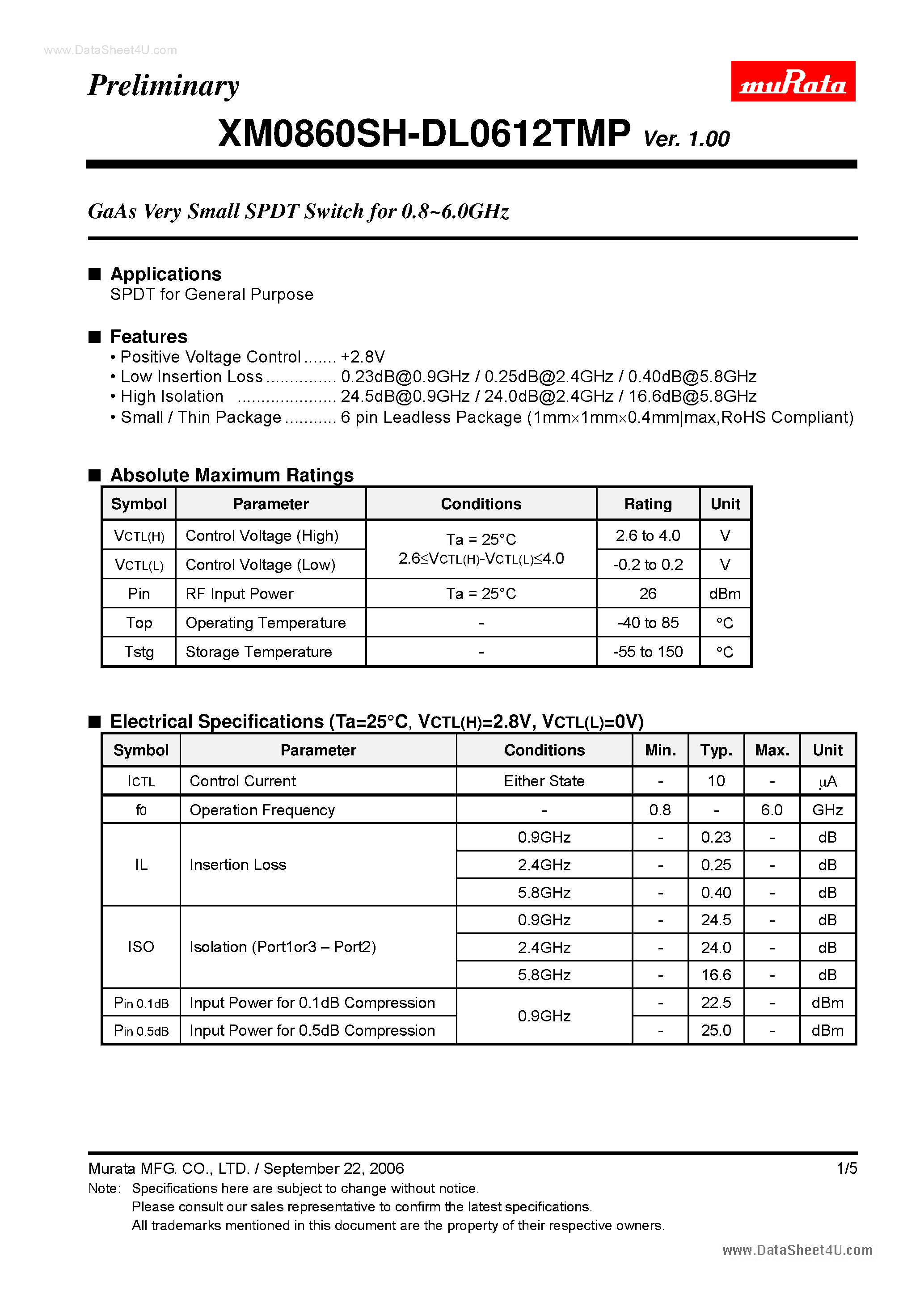 Datasheet XM0860SH-DL0612TMP - GaAs Very Small SPDT Switch page 1