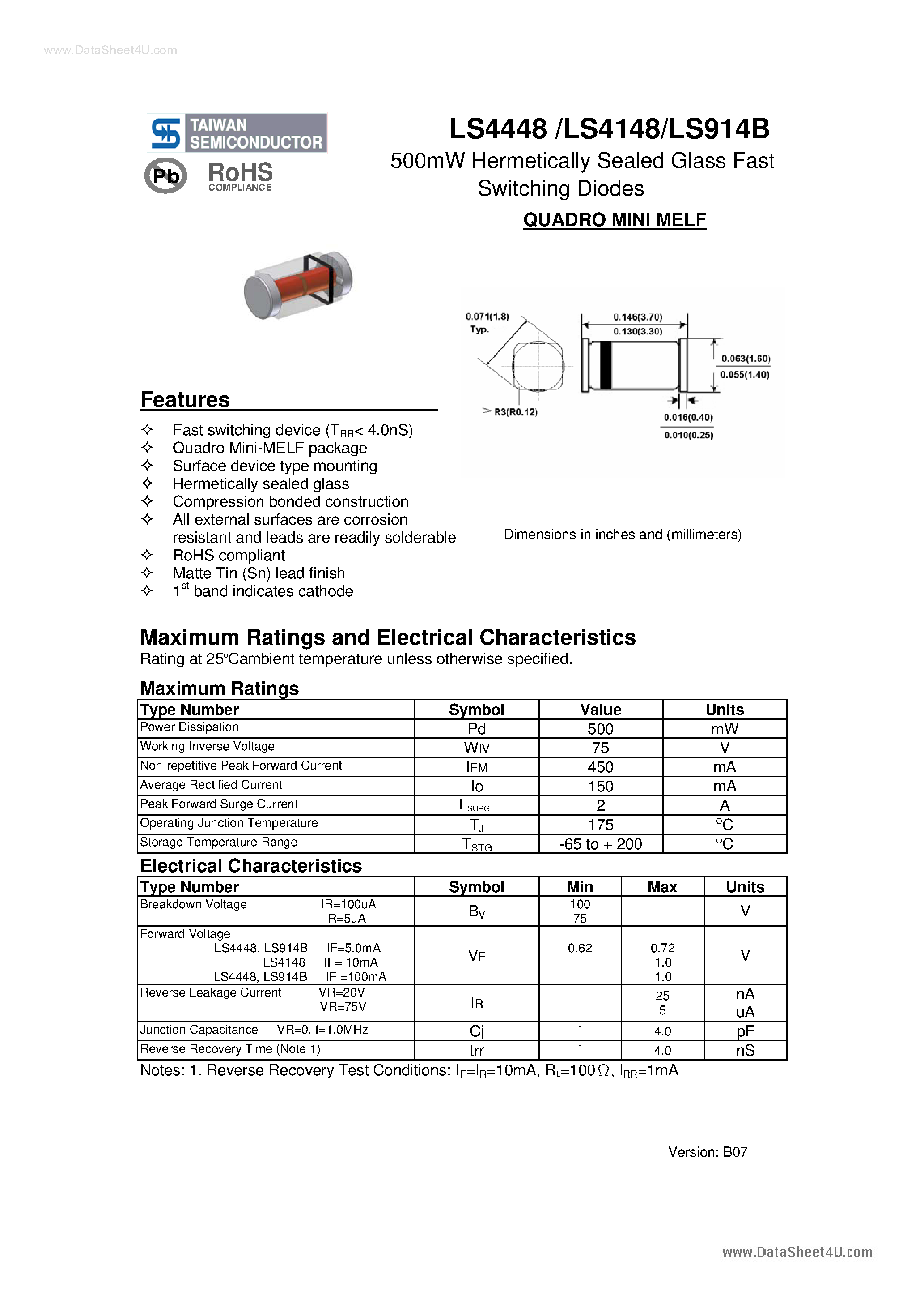 Даташит на микросхему LS914B страница 1 Даташит LS914B - 500mW Hermetically Sealed Glass Fast Switching Diodes страница 1