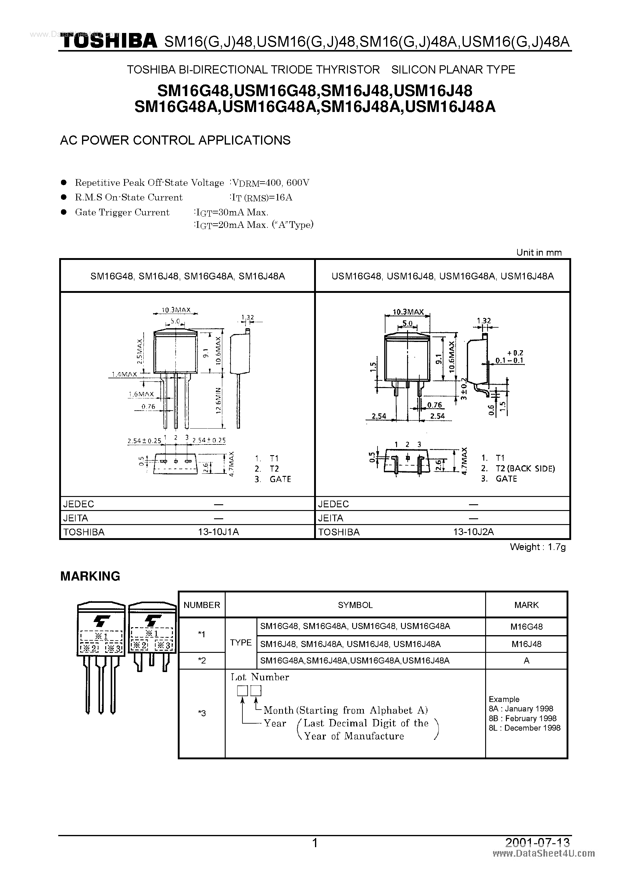 Даташит на микросхему SM16G48 страница 1 Даташит SM16G48 - AC POWER CONTROL APPLICATIONS страница 1