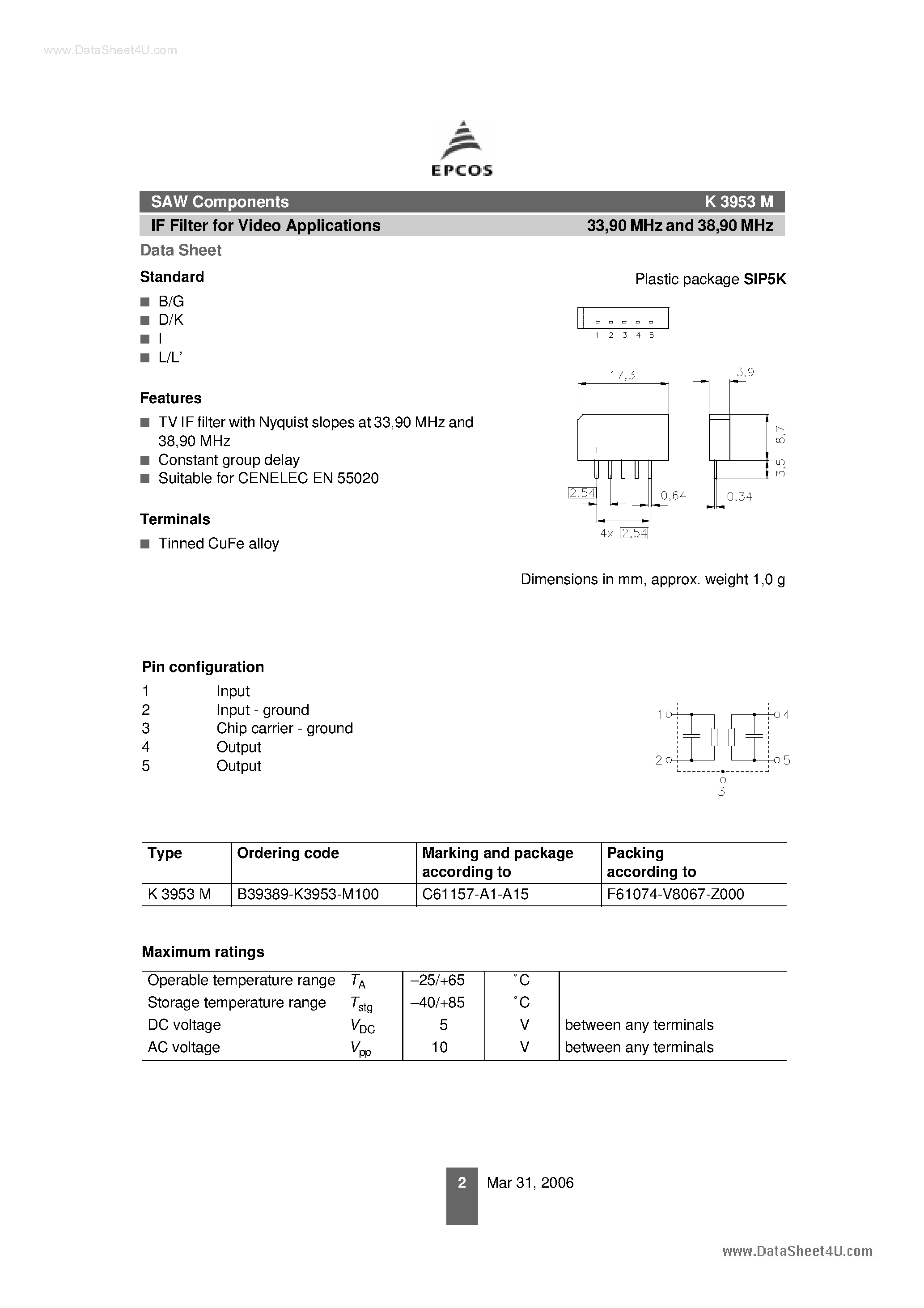 Даташит K3953M - IF Filter страница 2