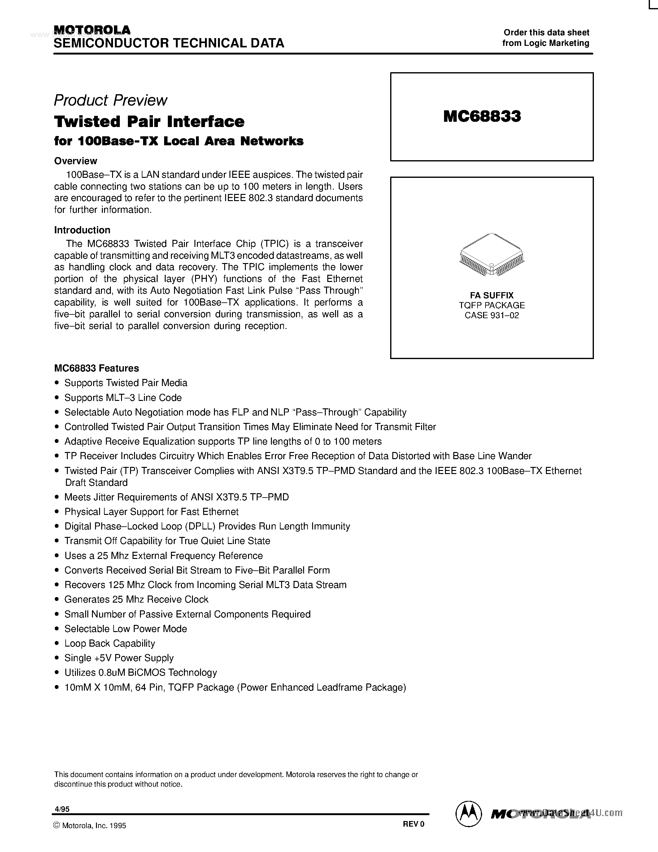 Datasheet MC68833 page 1 Datasheet MC68833 - Twisted Pair Interface page 1