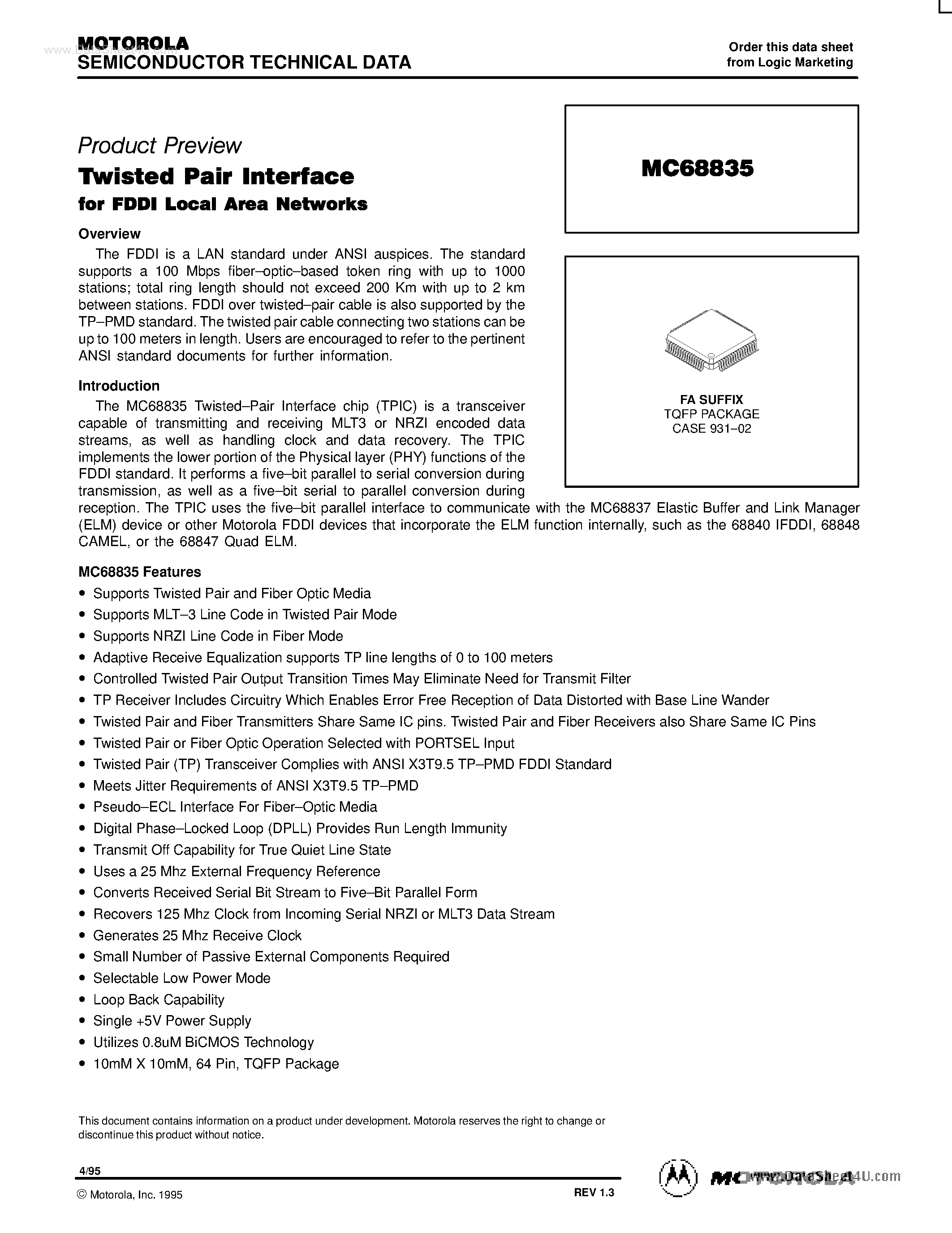 Datasheet MC68835 - Twisted Pair Interface page 1