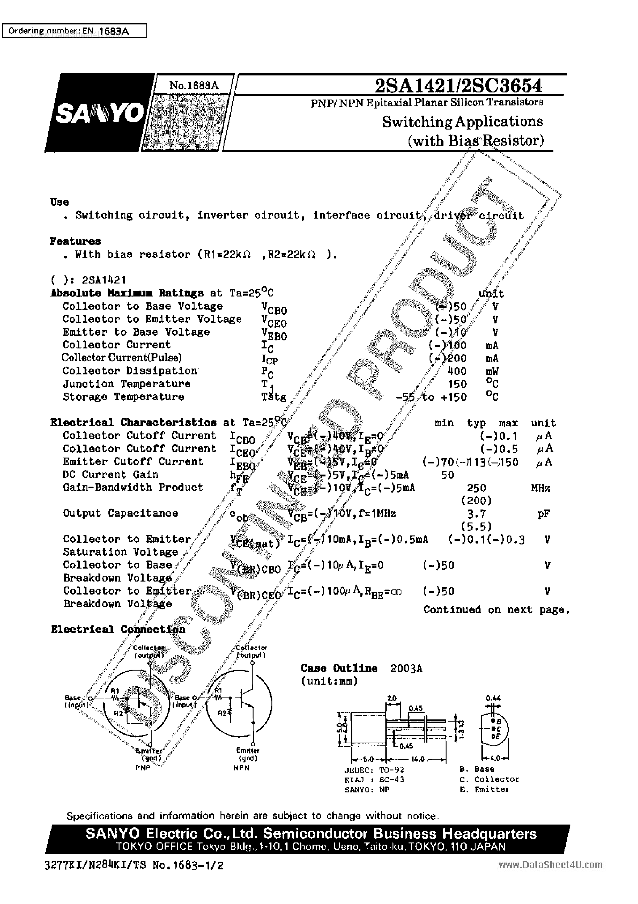 Datasheet 2SC3654 - PNP / NPN Epitaxial Planar Silicon Transistors page 1