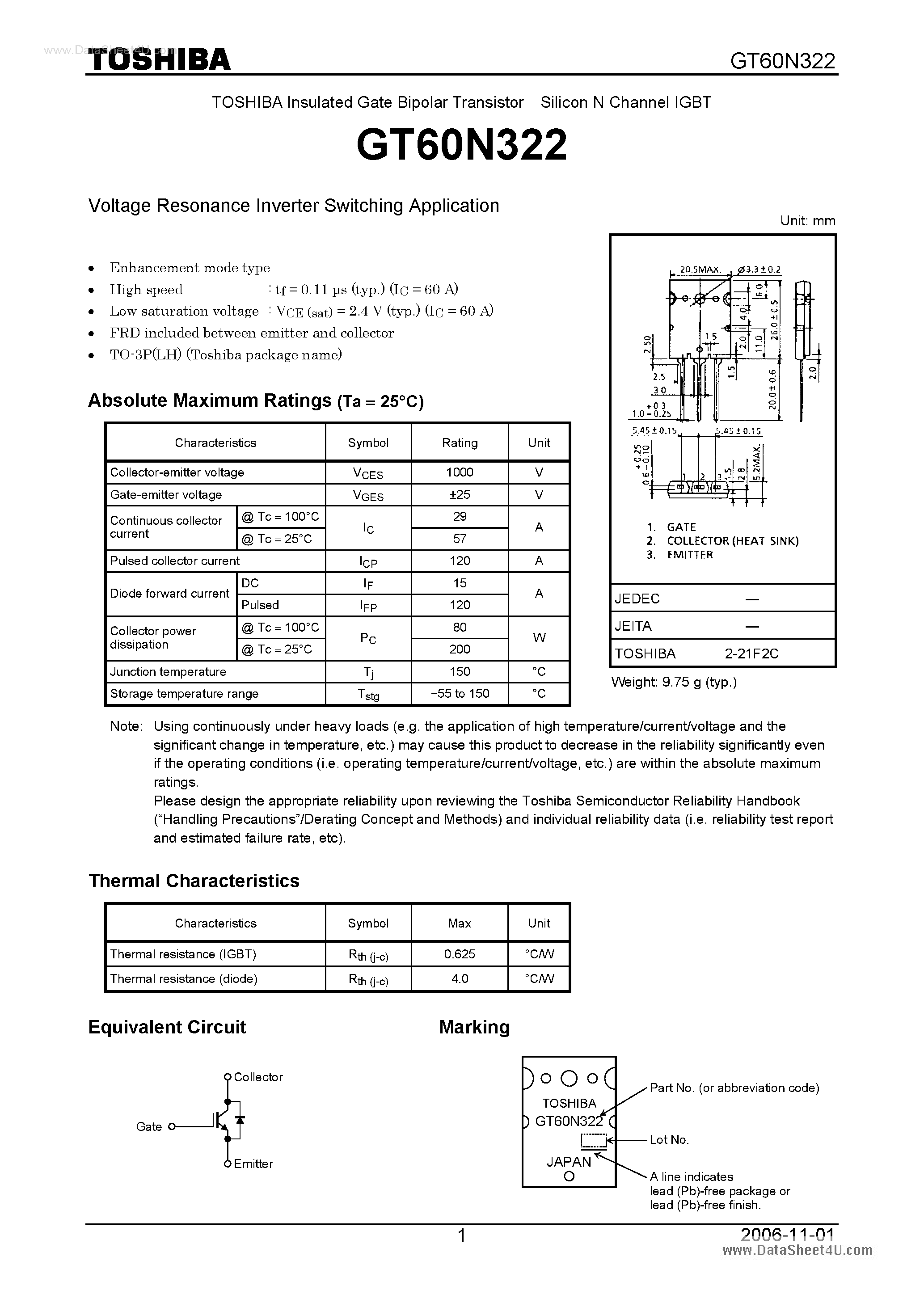 Datasheet GT60N322 - Silicon N Channel IGBT Voltage Resonance Inverter Switching Application page 1