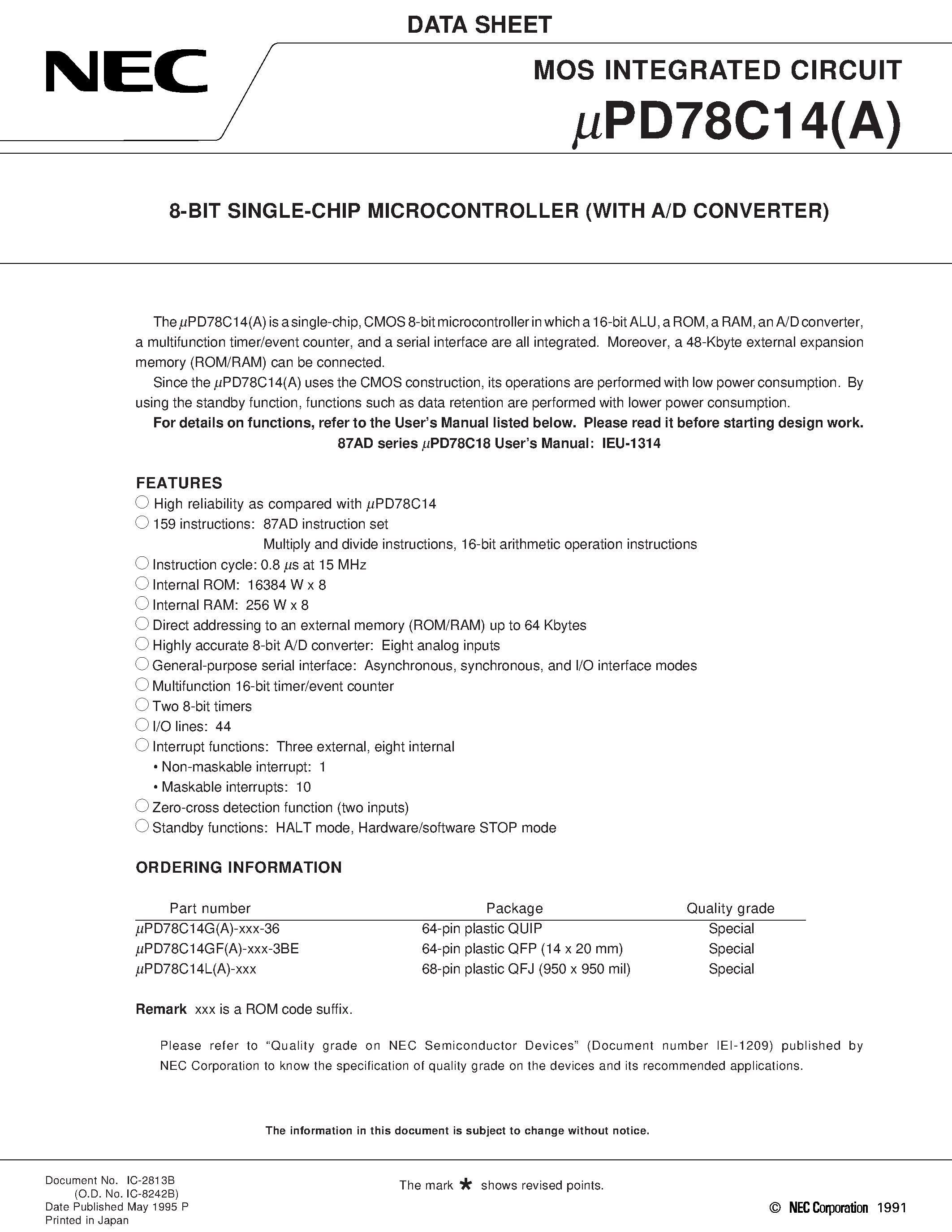 Datasheet UPD78C14 - 8-BIT SINGLE-CHIP MICROCONTROLLER WITH A/D CONVERTER page 1