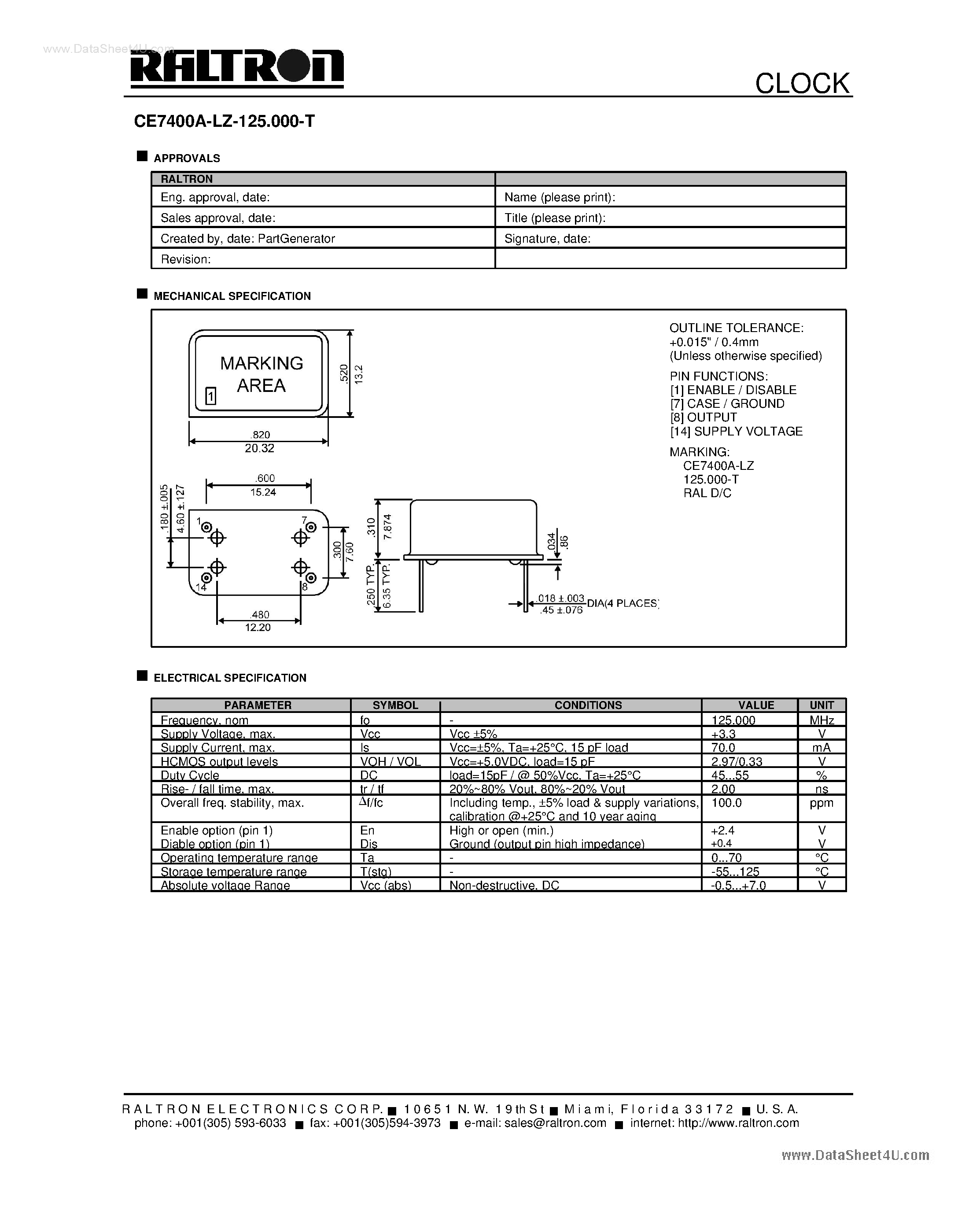 Datasheet CE7400A-LZ-125.000-T page 1 Datasheet CE7400A-LZ-125.000-T - CLOCK page 1