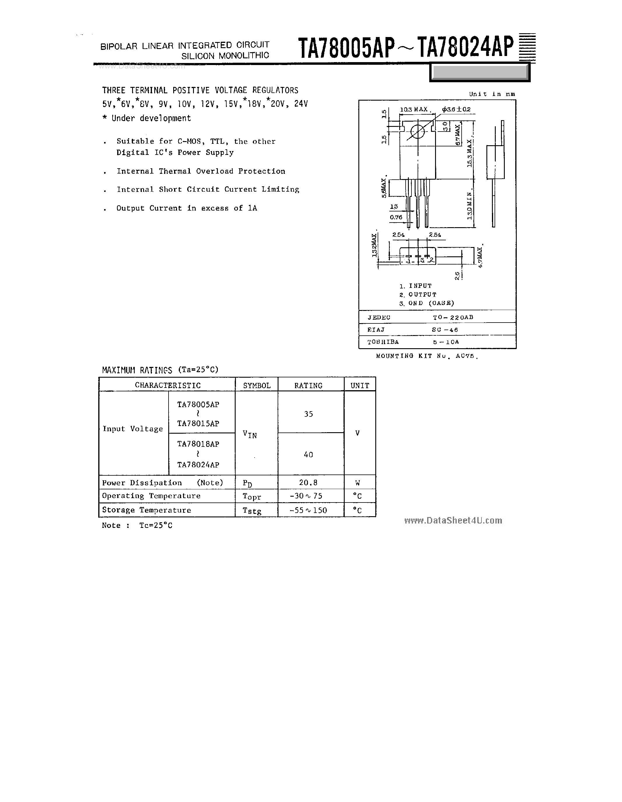 Datasheet TA78005AP - (TA78005AP - TA78024AP) 3-Terminal Positive Voltage Regulators page 1
