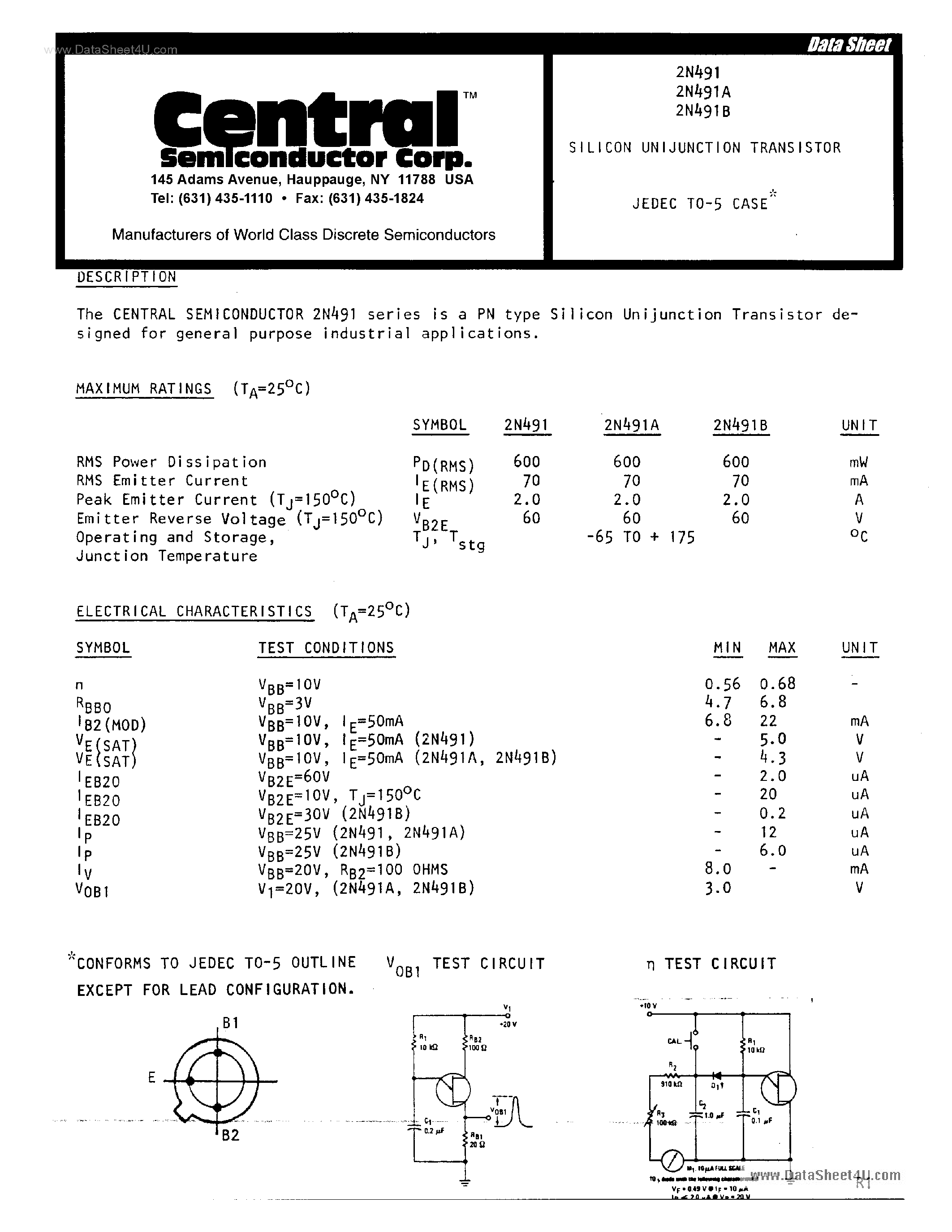 Datasheet 2N491 - Silicon Unijunction Transistor page 1