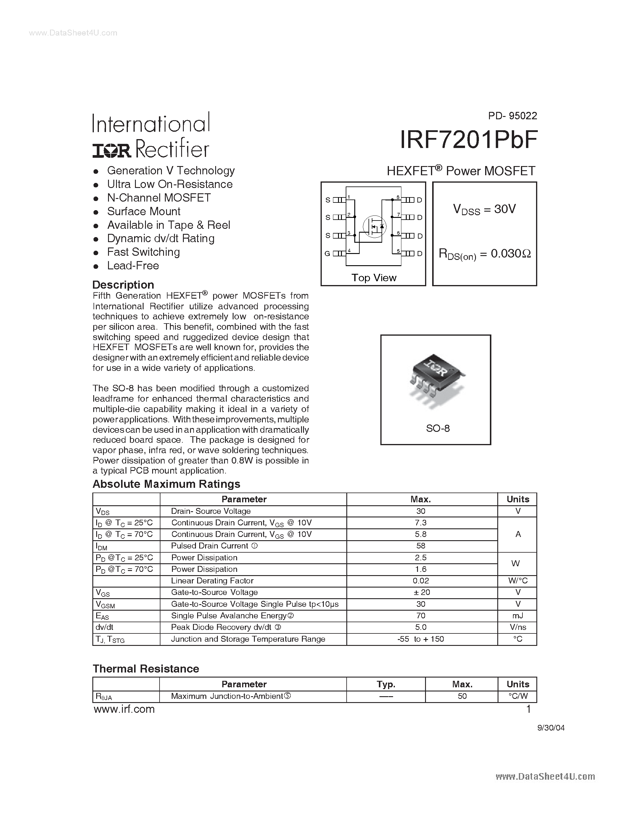 Datasheet IRF7201PBF page 1 Datasheet IRF7201PBF - Power MOSFET page 1