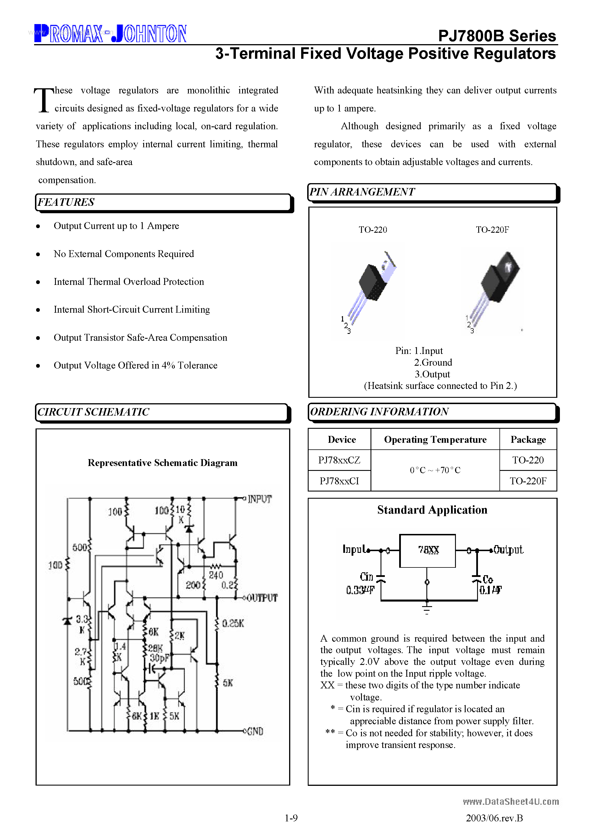 Datasheet PJ7805B page 1 Datasheet PJ7805B - 3-Terminal Fixed Voltage Positive Regulators page 1